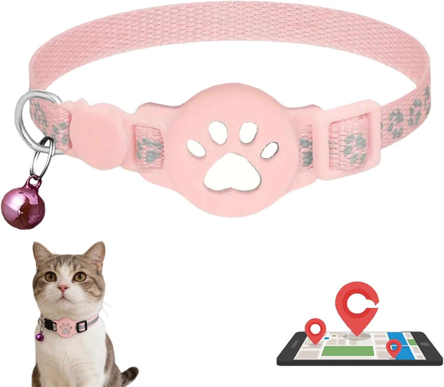 GPS Tracker Collar for Dogs/Cats, Rejustable Tractive GPS Cat Tracker with Real-Time Location, Fit for iOS and Android, Pet Tracker for Safety of Pets’ Outdoor Activities (Pink White)