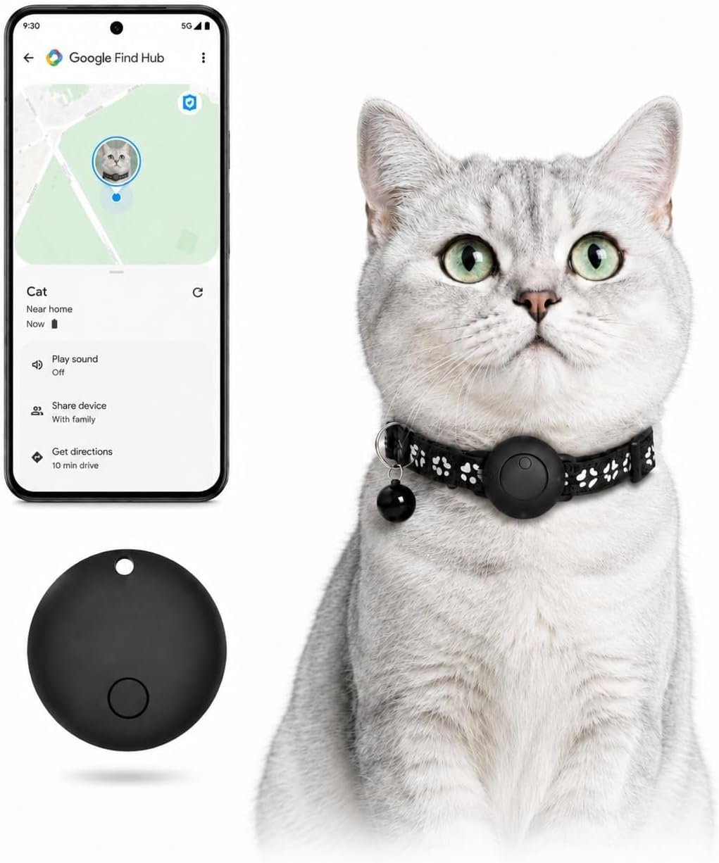 Pet Tracker,GPS Collar for Cats (Android Only) Smart tag,Waterproof Compatible with Google Find My,Advanced Tracking Solution Smart Collar for Pet Safety Ideal Small Large Cats (Black) (Black)