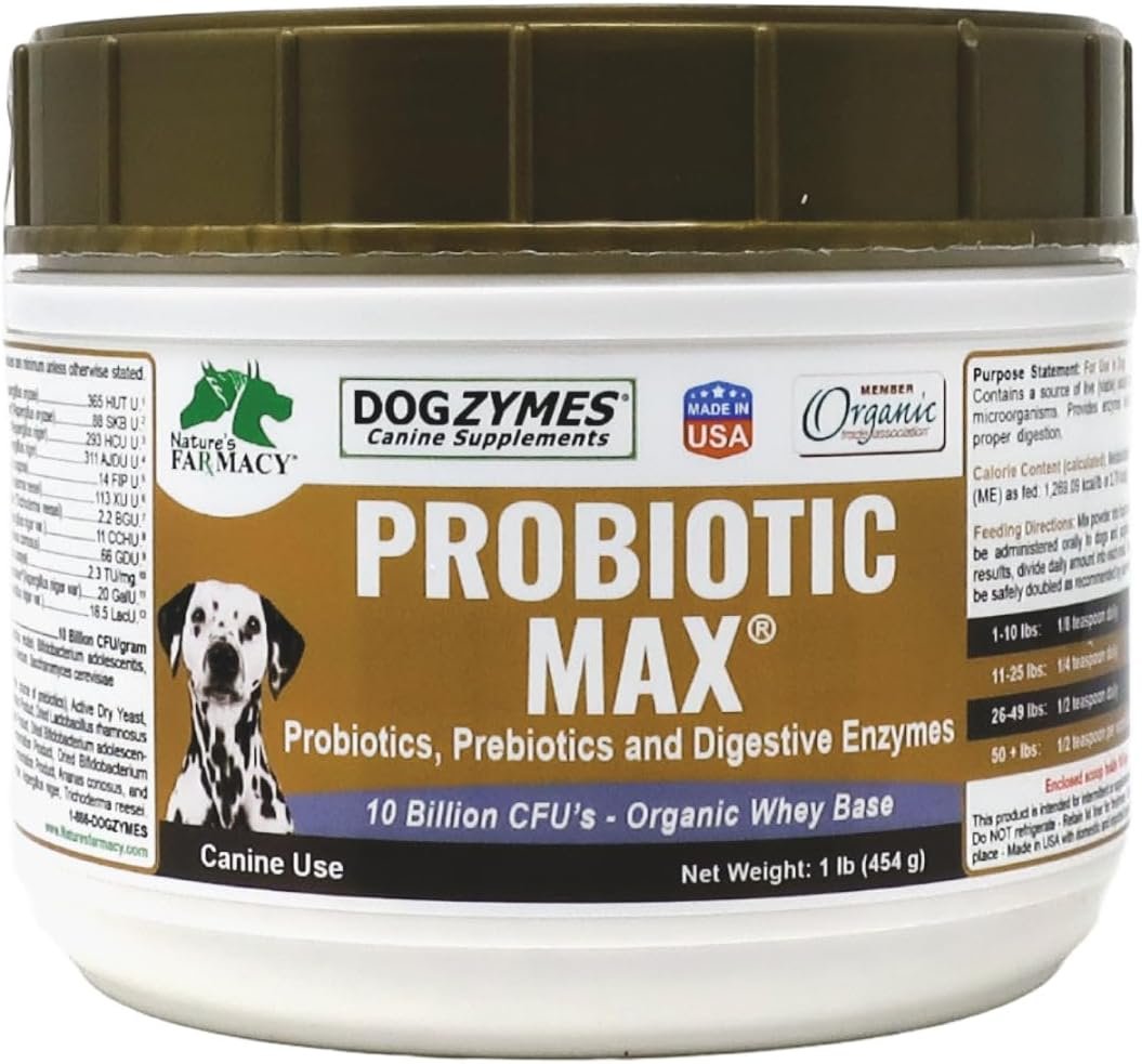 Dogzymes Probiotic Max -10 Billion CFU’s Probiotics, Prebiotics, Digestive Enzymes – Relieves Diarrhea, Upset Stomach, Constipation, Gas, Allergy, Immunity & Overall Health 1 Pound