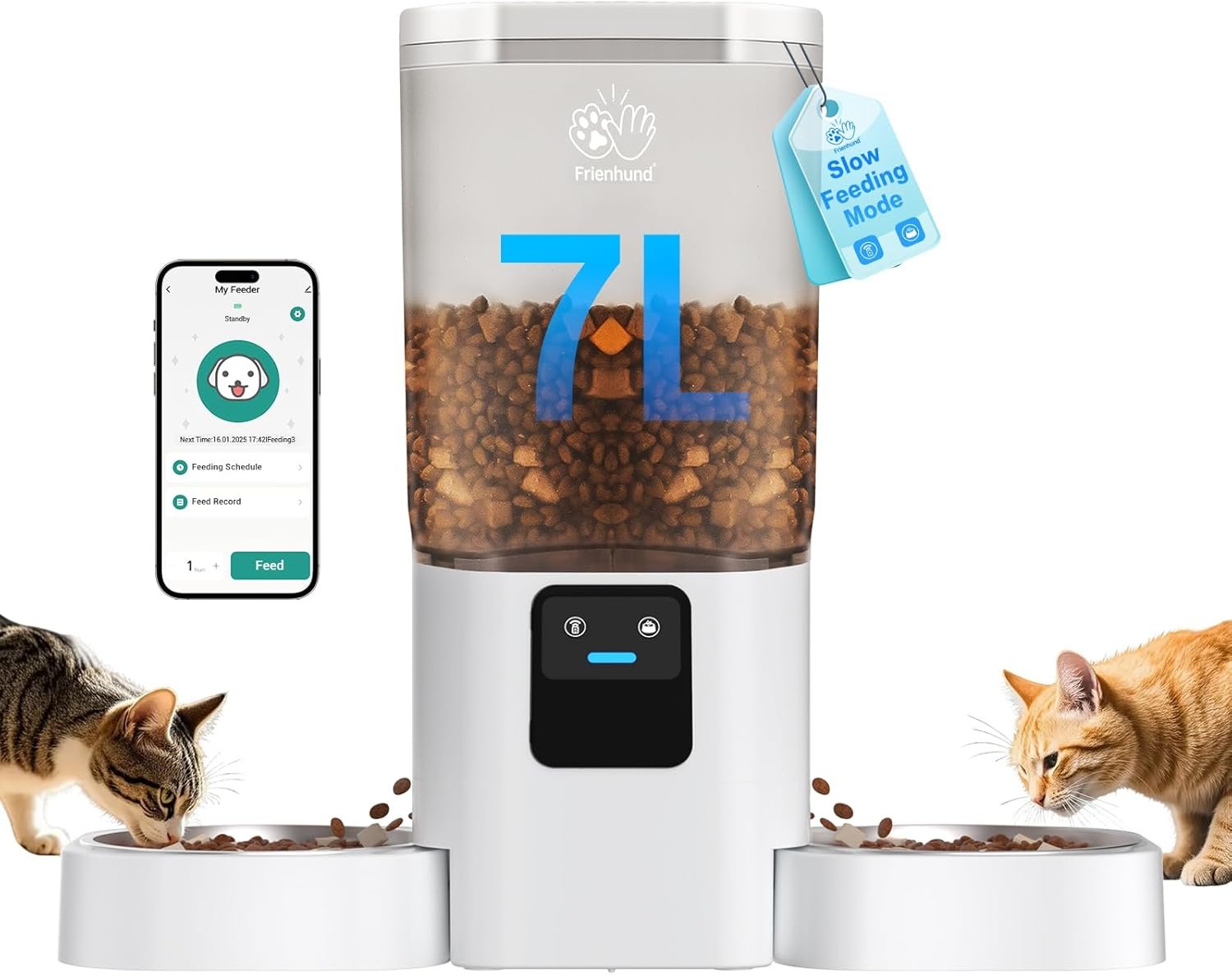 Frienhund Automatic Cat Feeder 2 Cats with Slow Feed: Dual Automatic Dog Feeder with 5G WiFi, Cat Food Dispenser with APP Control for Multiple Pets, Detachable for Easy Clean, Double Pet Bowl – 29 Cup