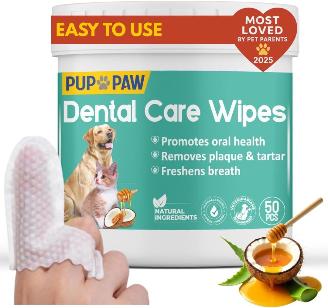 Vet Recommended Dog & Cat Dental Wipes – Freshens Breath – Easy Daily Oral Care – Dog Tooth Brushing Kit – Dental Finger Wipes for Pets – 50 Count