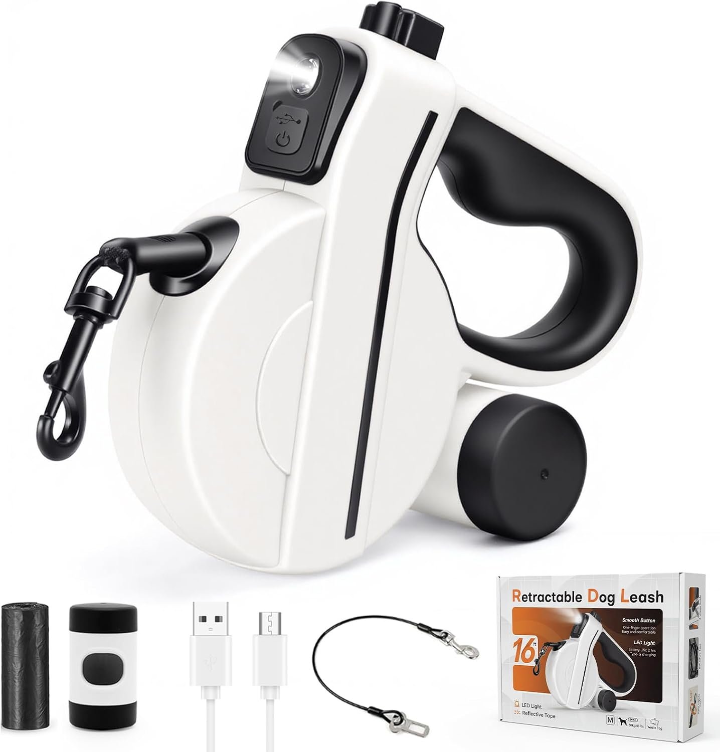Retractable Dog Leash with USB Rechargeable Light, Reflective, Black
