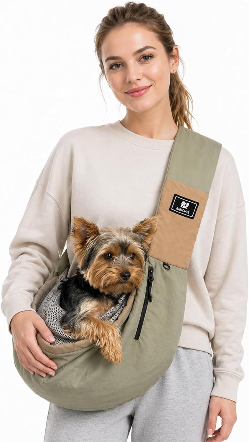 Dog Carrier Sling for Small Dogs & Cats, Puppy Sling Bag with Drawstring Mesh Opening, Safety Clip, Zipper Storage Pockets, Hands-Free Pet Carrier for Travel, Walking, Hiking (Green)