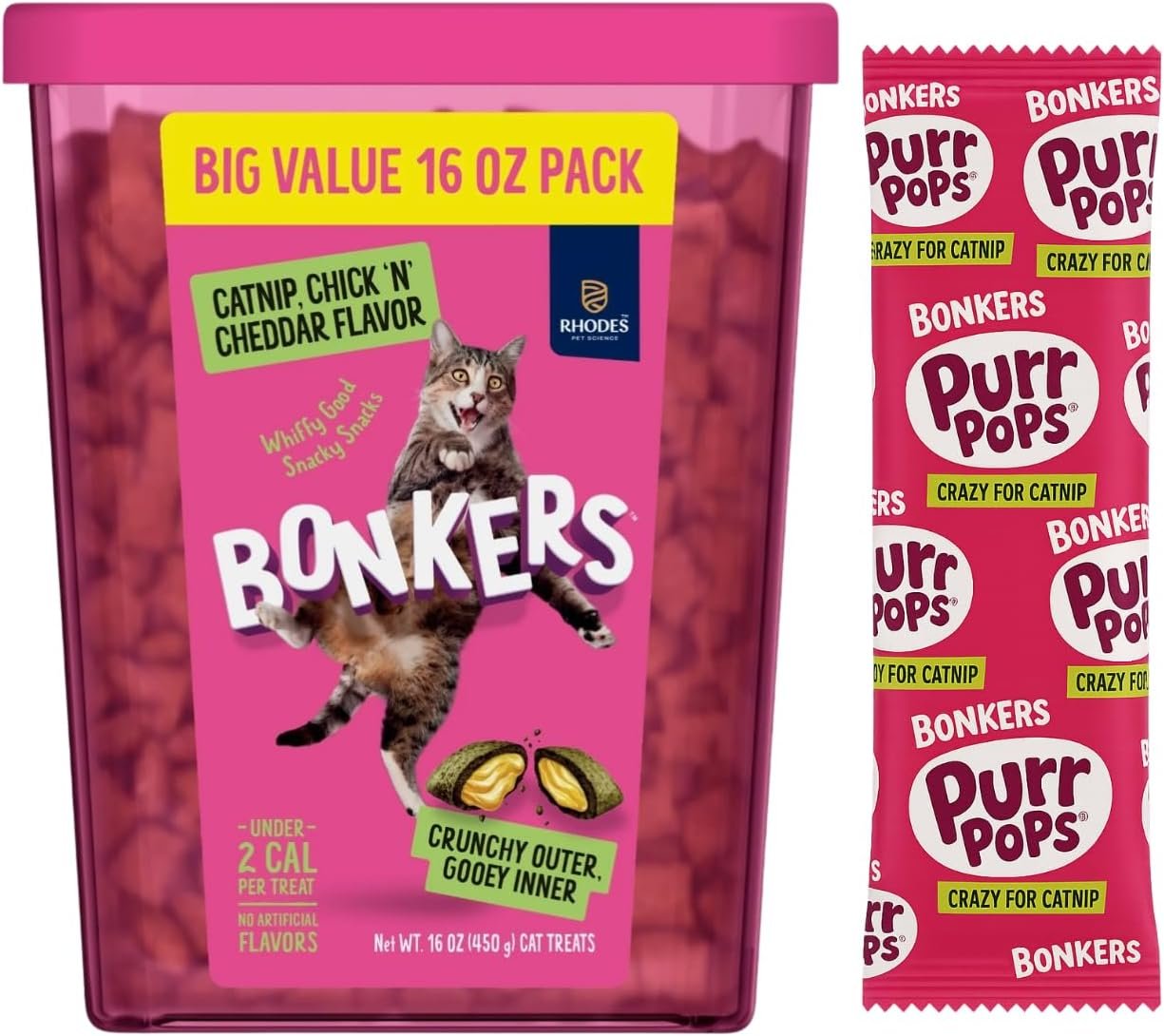 Bonkers Cat Treats, Catnip & Chicken Cheddar Flavor, Crunchy & Gooey, 16 oz Value Pack with Free Catnip Purrpop Sample
