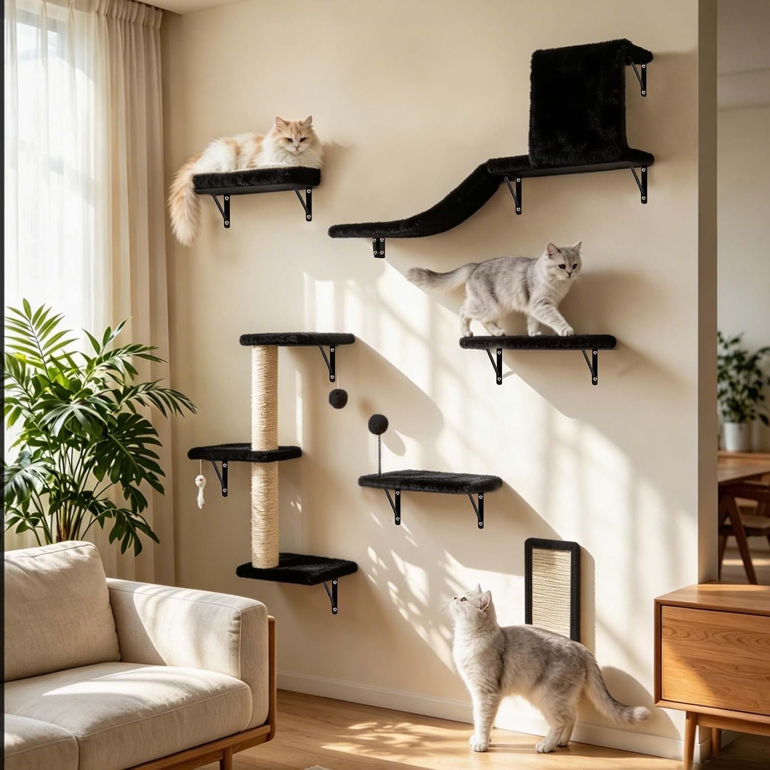 ANWA 6-in-1 Cat Wall Shelves Set, Wooden Cat Wall Climber Furniture, Black