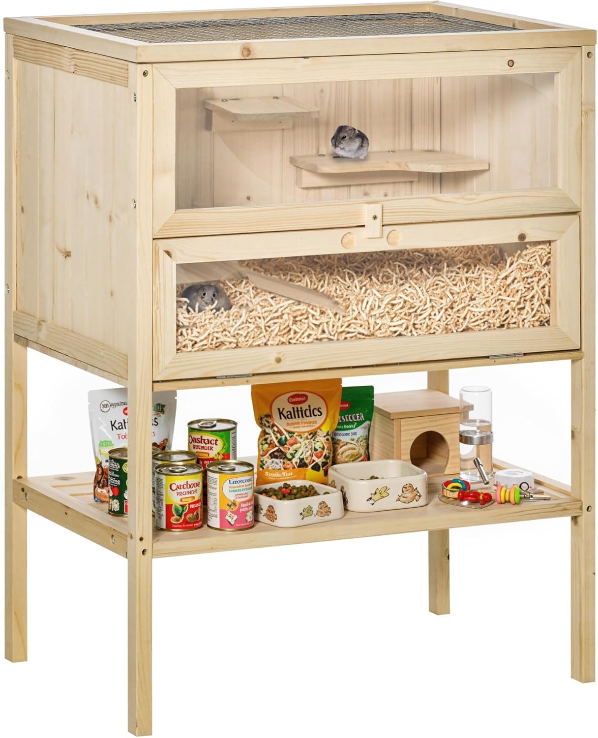 PawHut 3-Tier Wooden Hamster Cage Mice and Rat Cage Small Animals Hutch with Openable Top, Front Door, Storage Shelf, Natural Wood