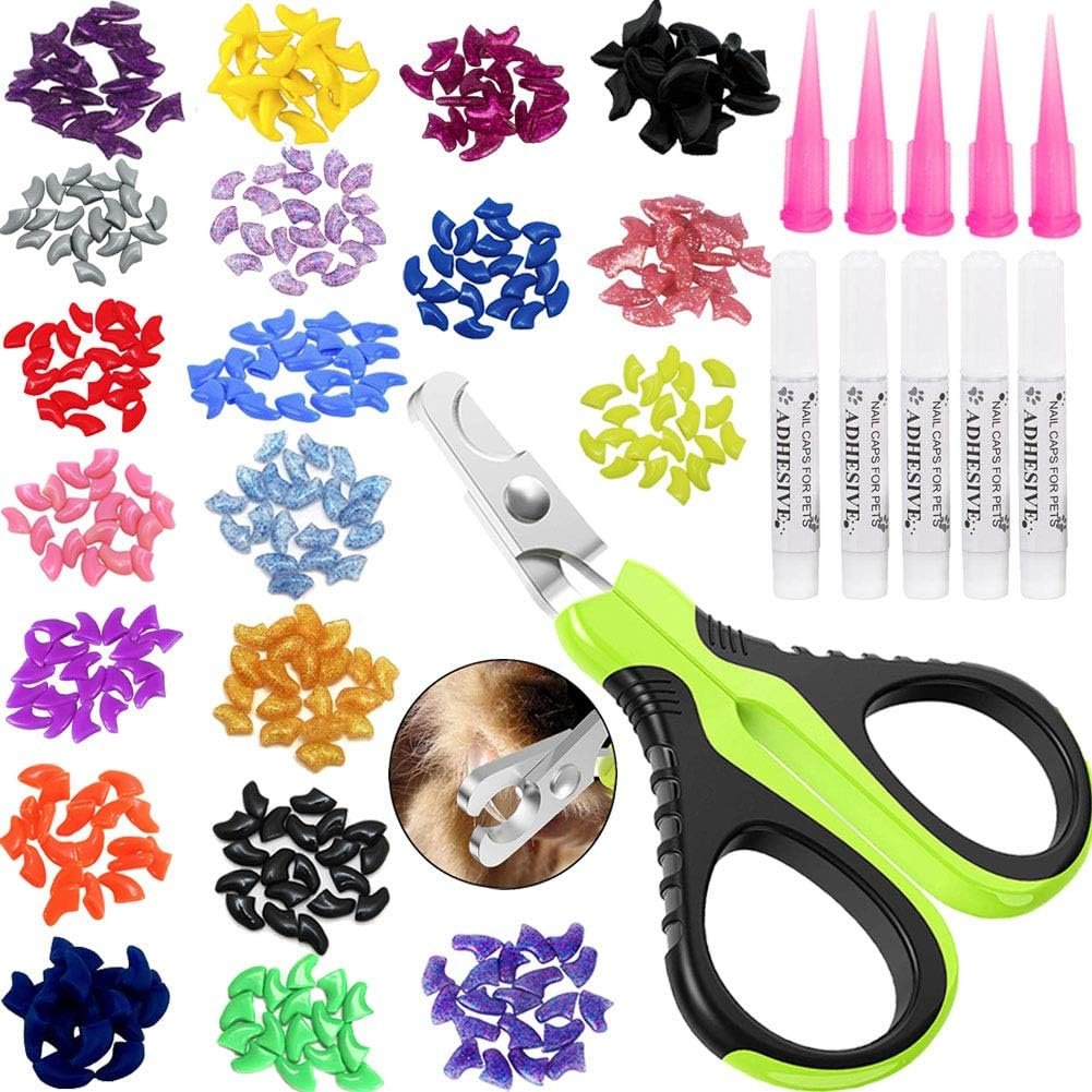 VICTHY 100pcs Cat Nail Caps with Clipper Set, Cat Nail Clipper + Nail Covers with Adhesive and Applicators Size Small (5 COLORS)