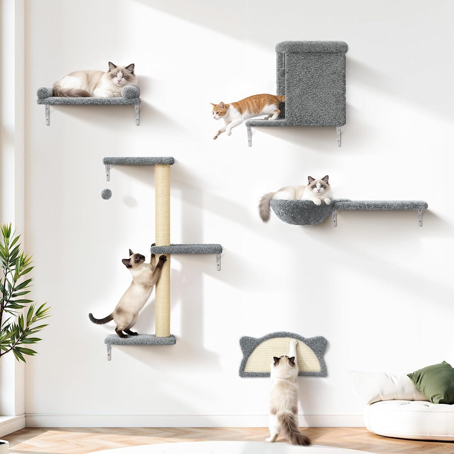 5-in-1 Cat Wall Shelves, Solid Wood Cat Wall Furniture Set for Indoor Cats