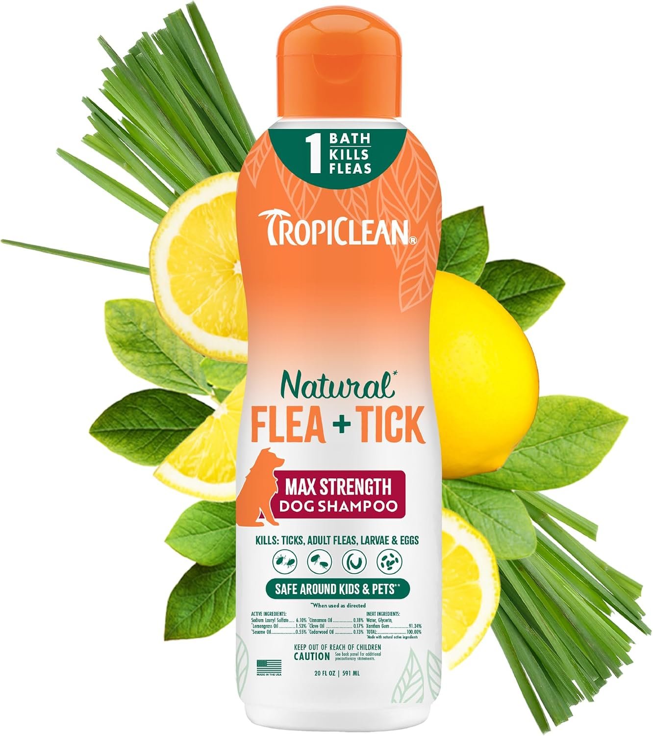 TropiClean Flea and Tick Shampoo for Dogs, Max Strength Formula, 20oz