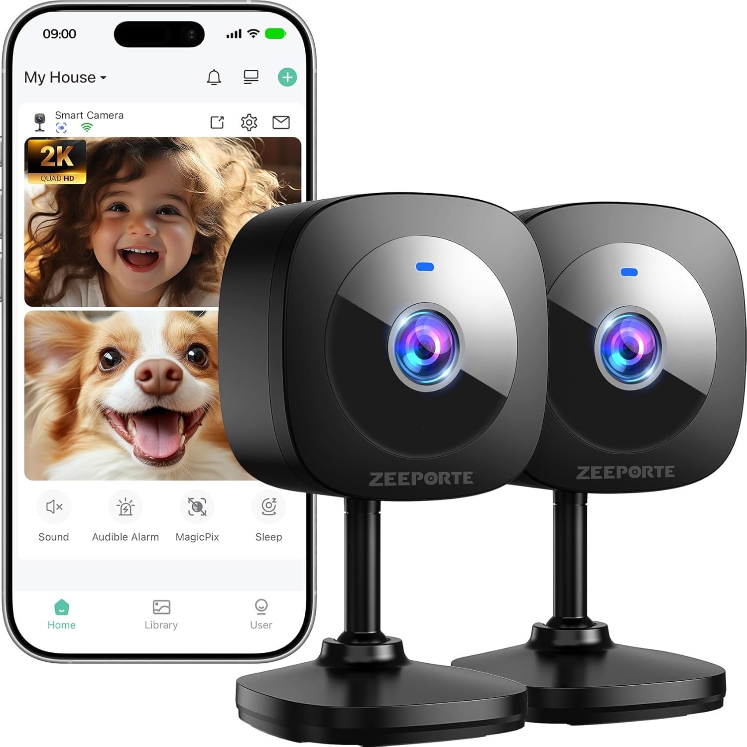 ZEEPORTE 2K Indoor Cameras for Home Security – Baby Monitor and Dog Pet Camera with Motion Detection, 2-Way Audio, Night Vision, Siren, Wired Security Camera (2-Pack)