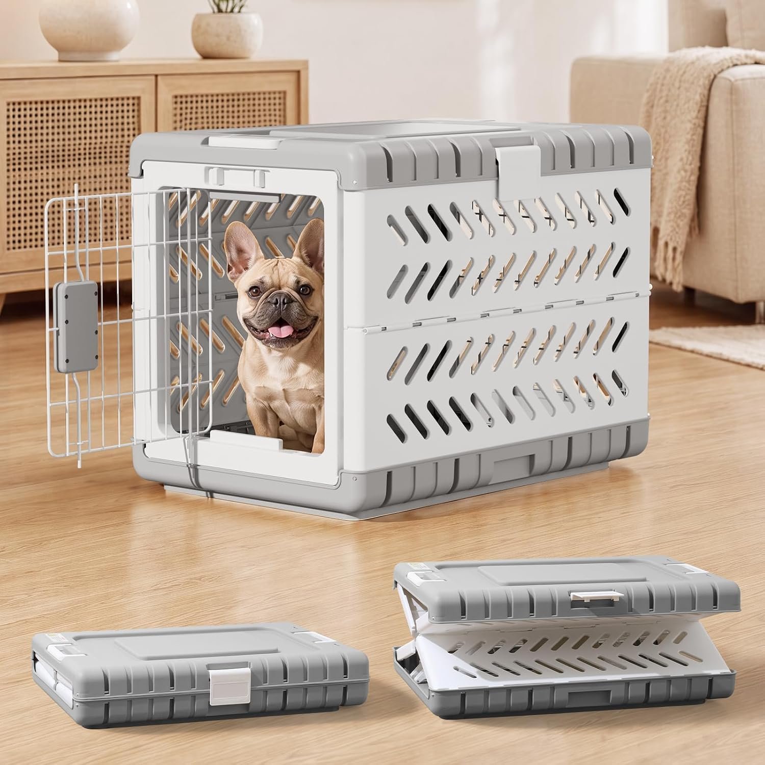 28″ L Travel Dog Crate -Collapsible Dog Crate for Medium/Small Dogs, No Tools Required with Space Saving Design,Portable Foldable Dog Carrier with 2 Smooth Wheels,Handles for Easy Moving,Grey