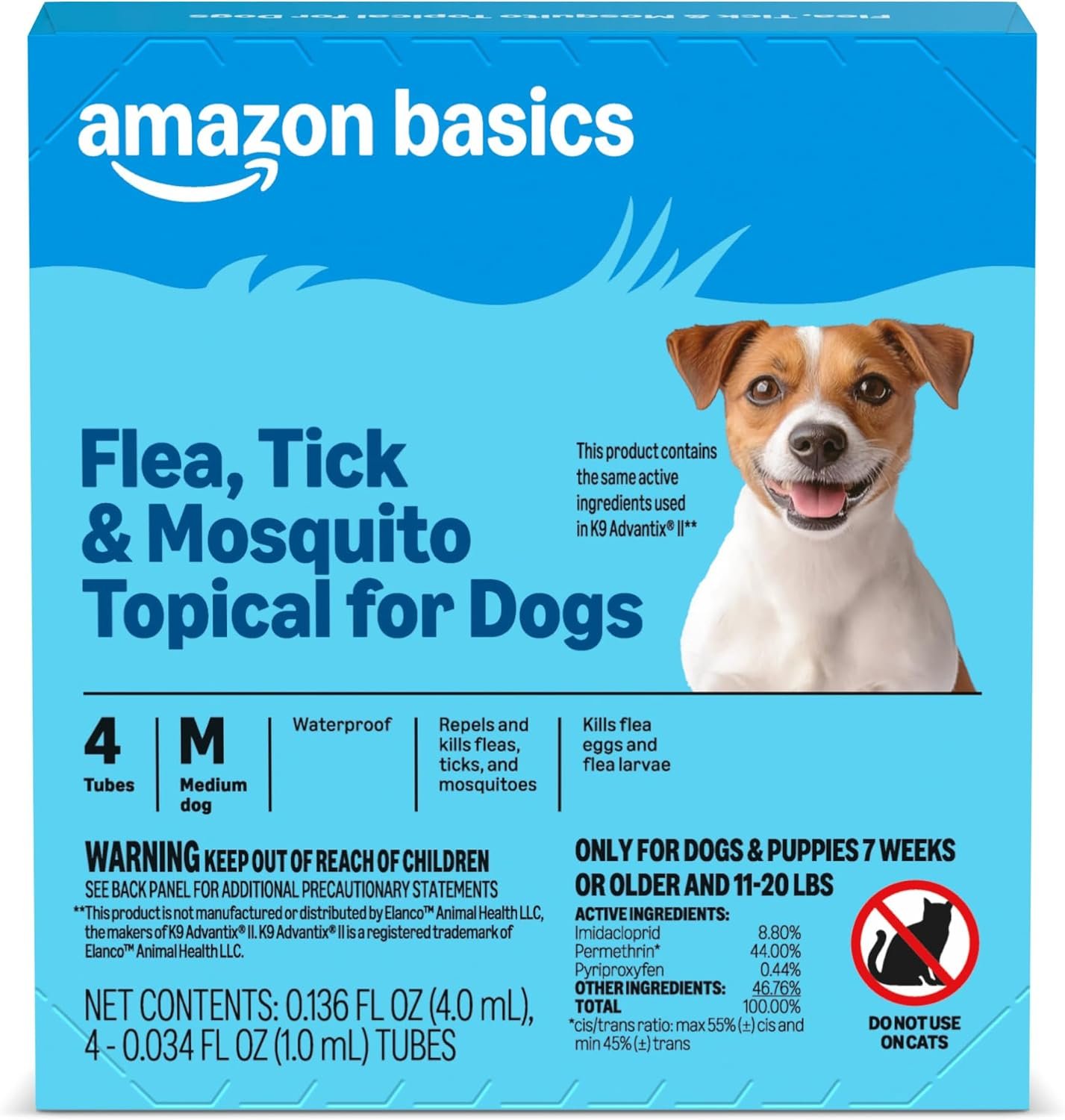 Amazon Basics Preventative Flea, Tick & Mosquito Topical Treatment for Medium Dogs (11-20 Pounds), Kills Fleas, Prevents Infestations, 4 Count, Packaging May Vary