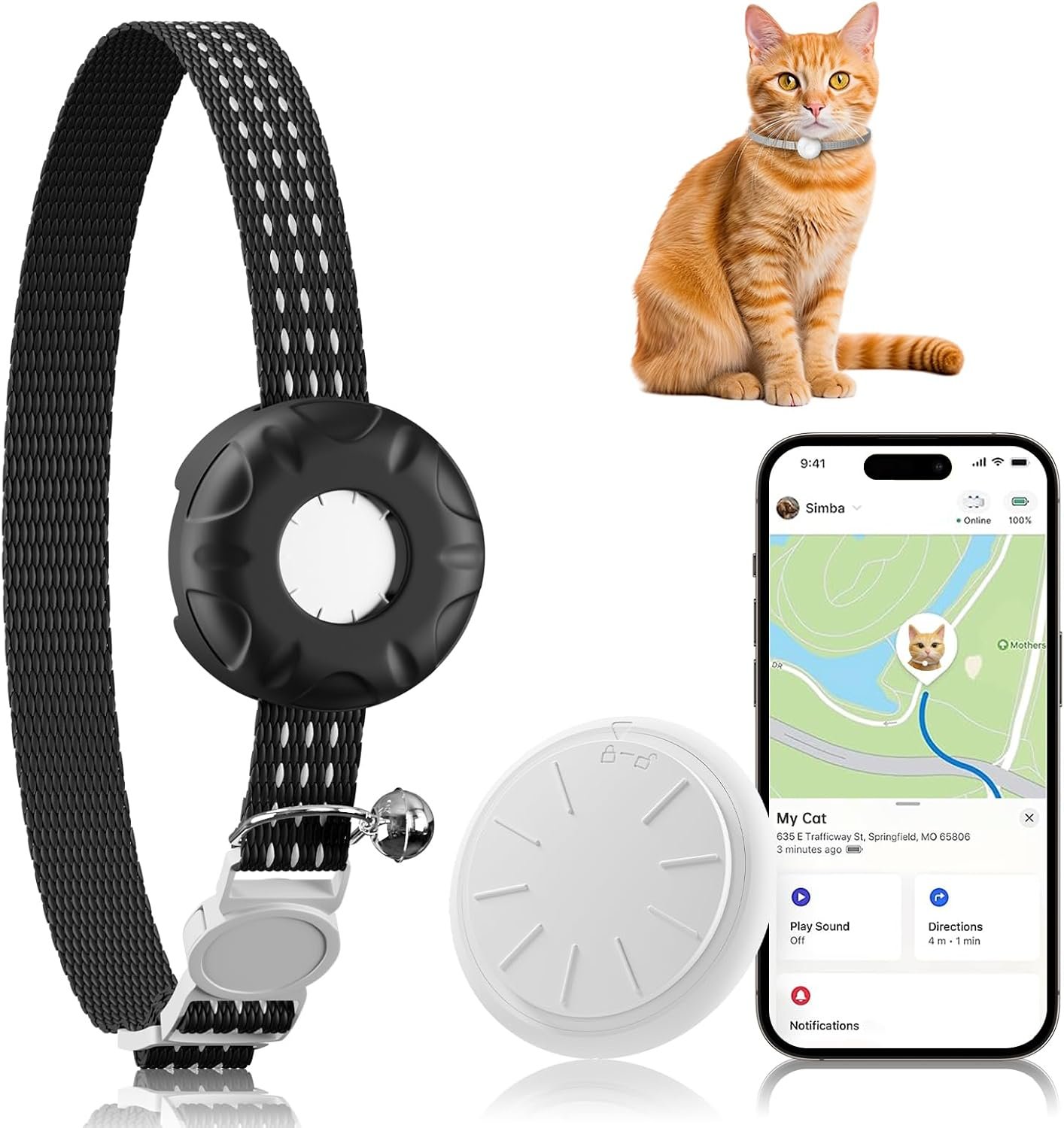 Cat Tracker, GPS Tracker, No Monthly Fee, No Subscription Fee Pet Tracker, Compatible with Apple Find My App (Only iOS), Real-Time Location, Cat Trackers Collar with Safety Elastic Buckle, Black