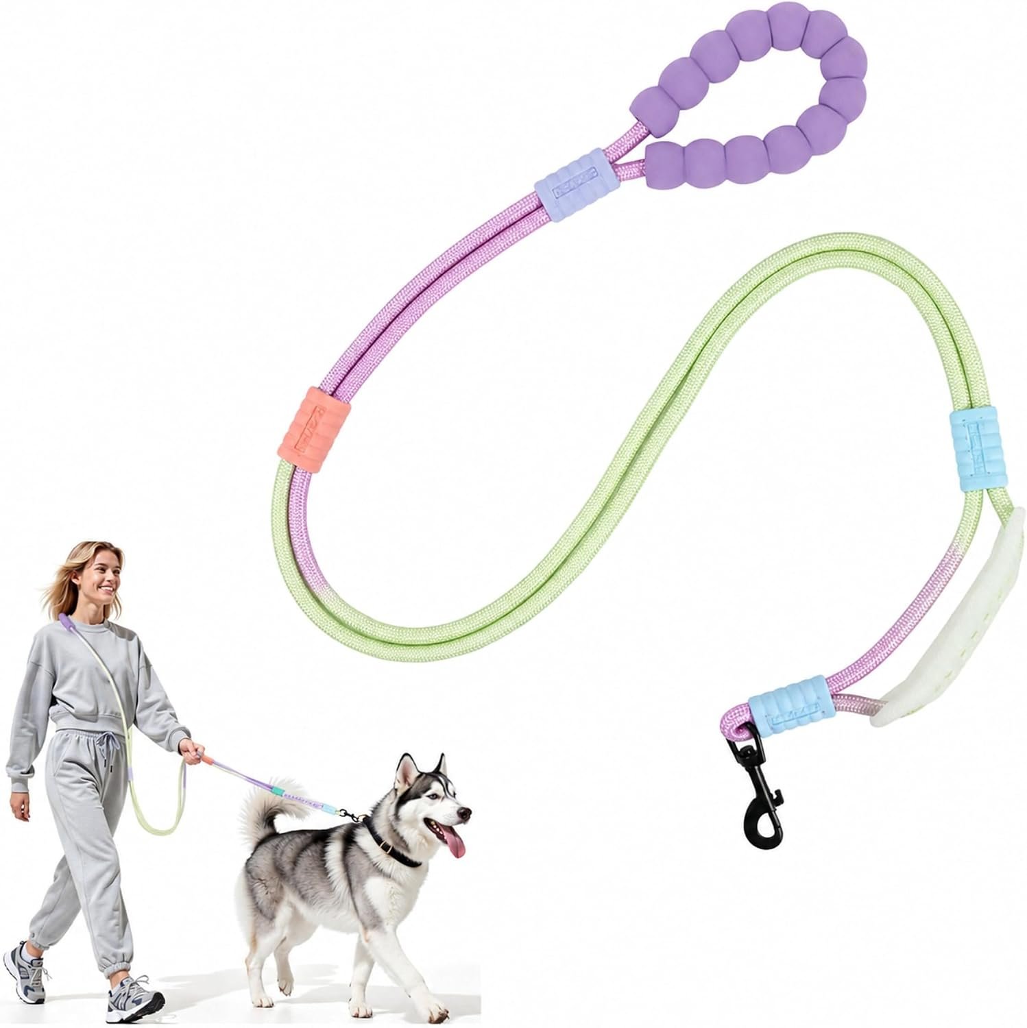 Hands Free Dog Leash, Double Handle Leash 6.5FT Purple-Green