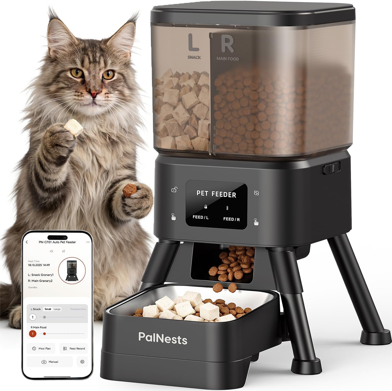 Dual Chamber Automatic Cat Feeder 4L, Dry/Treat Portion