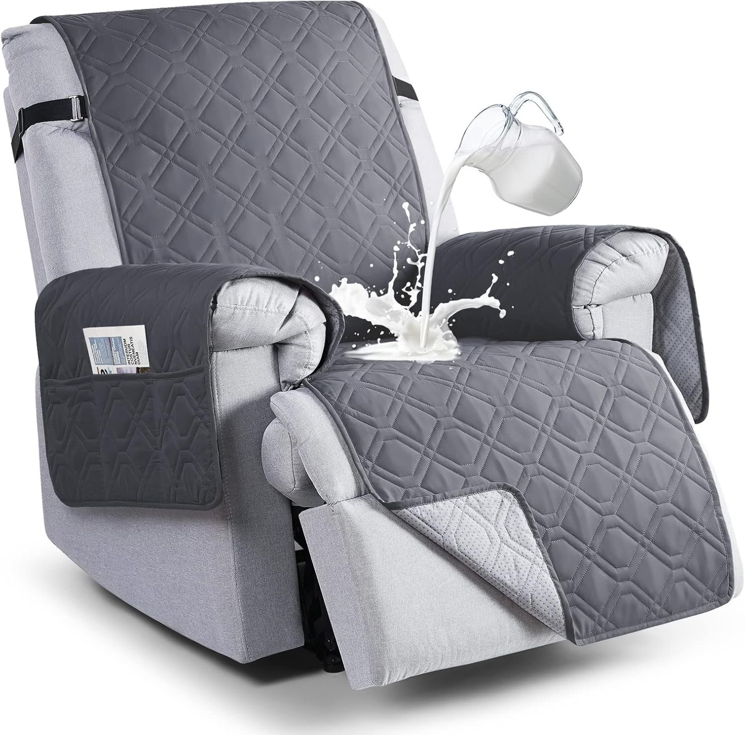 VANSOFY 100% Waterproof Recliner Chair Covers, Recliner Cover Non-Slip Dog Chair Cover Furniture Protector Washable Slipcover with Pocket, Elastic Straps for Pets, Dogs(Dark Gray, 23.6″)