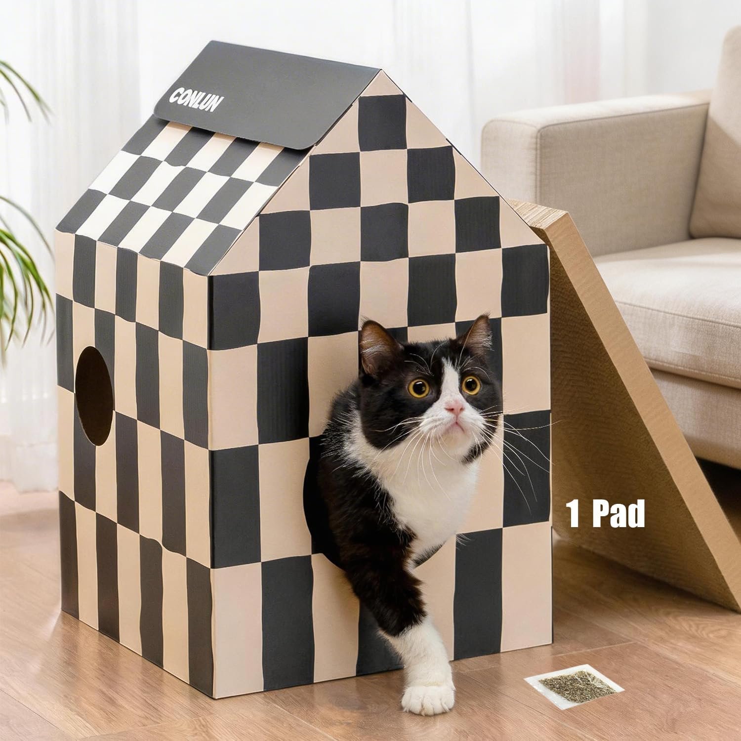 Conlun Cardboard Cat House with Scratch Pad & Catnip, Cat Play Scratching House for Indoor Hideaway Furniture, Heavy Duty Sturdy Cardboard Scratcher, Easy to Assemble Birthday Gift, Medium