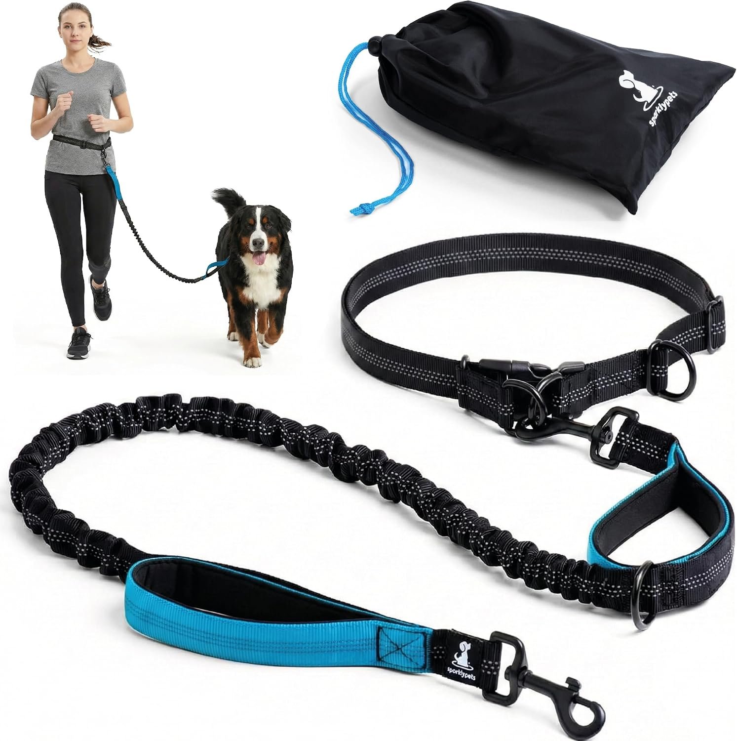 SparklyPets – Hands Free Dog Leash with Reflective Stitches – Waist Leash for Dog Walking, Hiking, Training, Jogging, Canicross, Running – for Medium & Large Breeds