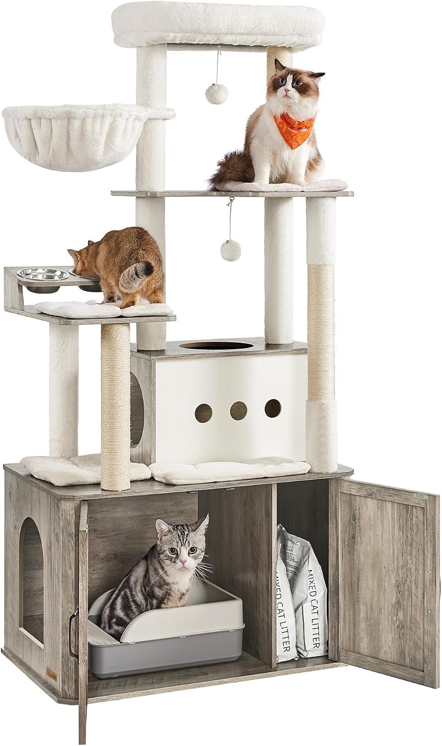 Feandrea Cat Tree, 66.9-Inch Cat Tower with Litter Box Enclosure | Large Condo with Food Station, Storage, Scratching Posts, Cave, Hammock, Washable Cushions, Heather Greige UPCT169K02