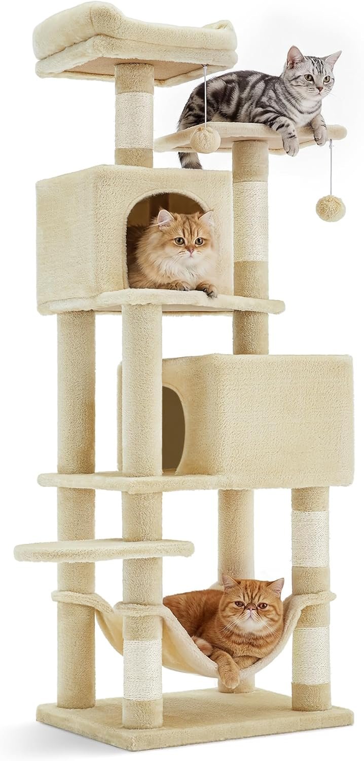 SONGMICS HOME Cat Tree for Indoor Cats, Multi-Level Cat Tower with Sisal Scratching Posts, Hammock and Condo, Beige