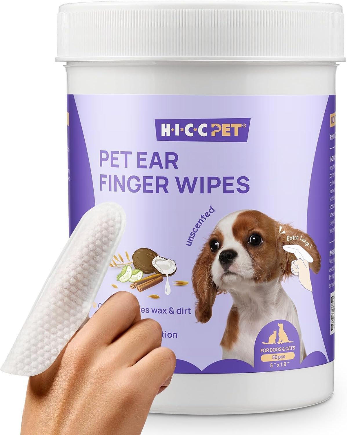 HICC PET Ear Cleaner Finger Wipes for Dogs & Cats, Unscented, 50 Count | Removes Ear Dander, Dirt & Debris for Fresher Ears, Gentle Extra-Large Finger Wipes for Daily Ear Cleaning