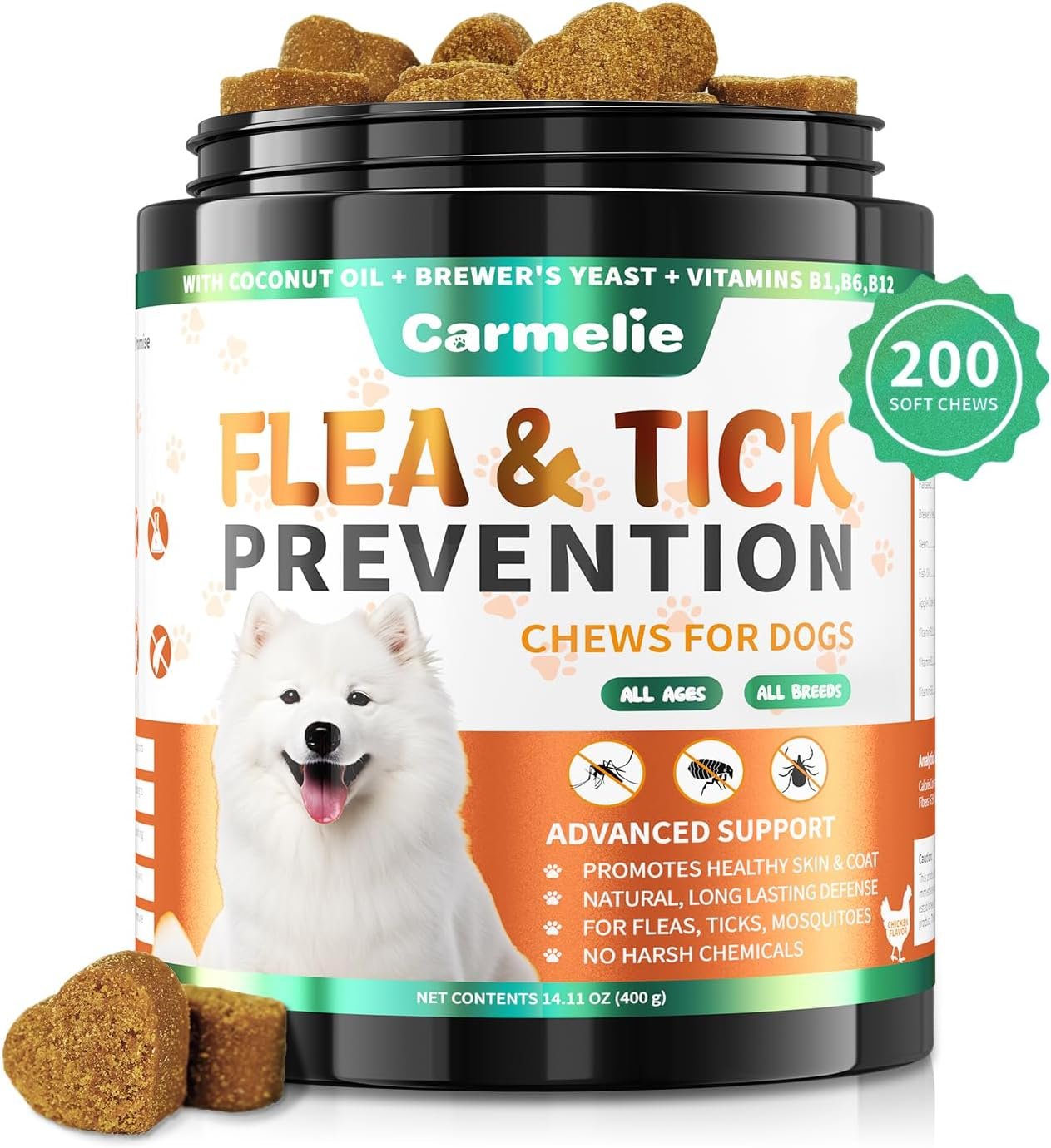 Carmelie Flea and Tick Prevention for Dogs Chewables, 200 Soft Chews | Natural Dog Flea and Tick Chewables, Oral Flea Supplement for Dogs, Puppy Flea Support – All Breeds & Ages – Chicken Flavor