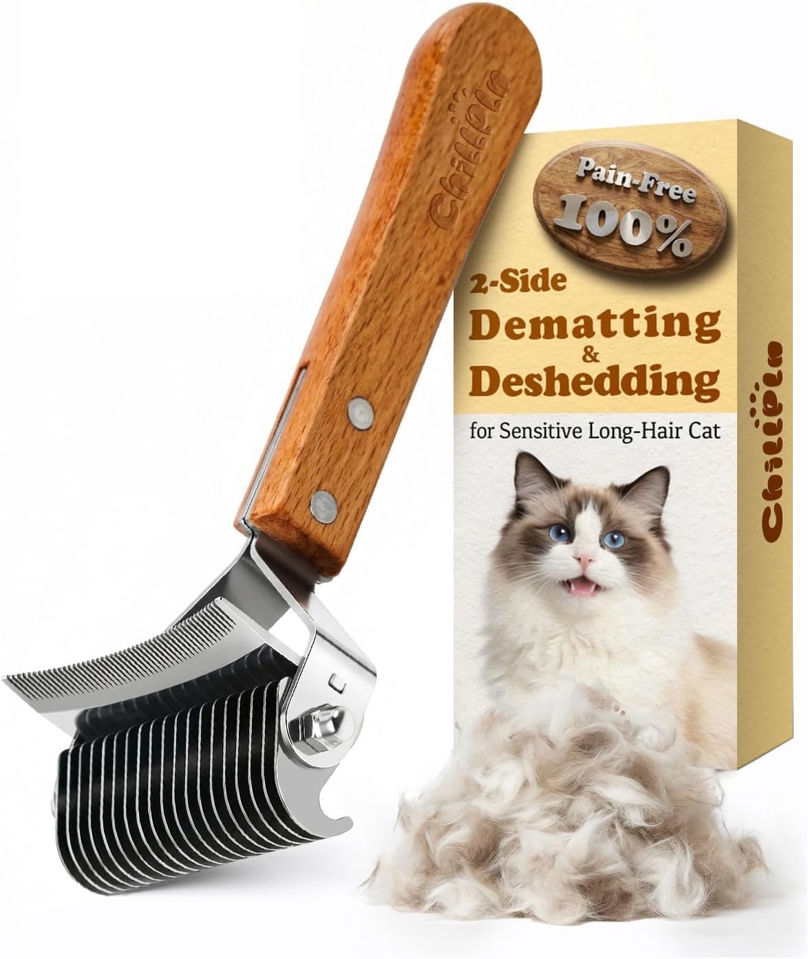 2-in-1 Deshedding & Dematting Cat Brush for Long Haired Cats | Double-Sided Undercoat Rake for Shedding, Efficiently Removes Loose Hair & Tangles, Safe Detangler for Matted Fur