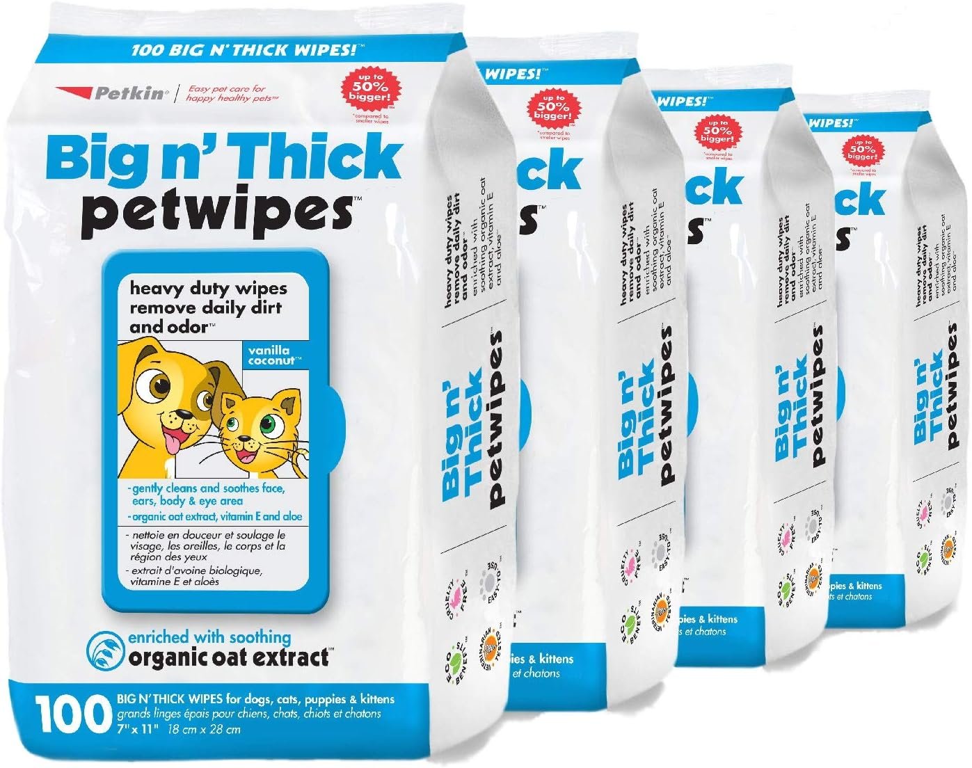 Petkin Pet Wipes for Dogs and Cats, 400 Wipes – Large Pet Wipes for Dogs and Cats – Cleans Ears, Face, Butt, Body and Eye Area – Convenient, Ideal for Home or Travel – 4 Packs of 100 Wipes
