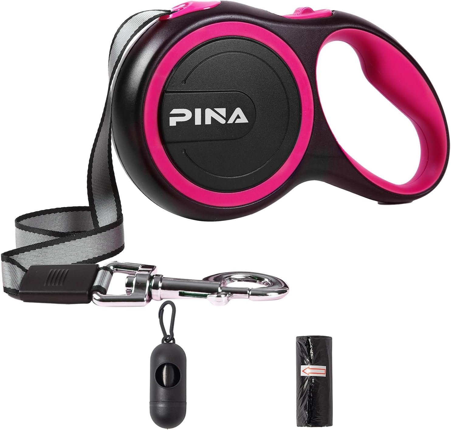 PINA Retractable Dog Leash, 26ft Dog Leash for Small Medium Large Dogs Up to 110lbs, 360° Tangle-Free Strong Reflective Nylon Tape, with Anti-Slip Handle, One-Handed Brake, Lock – Black Pink