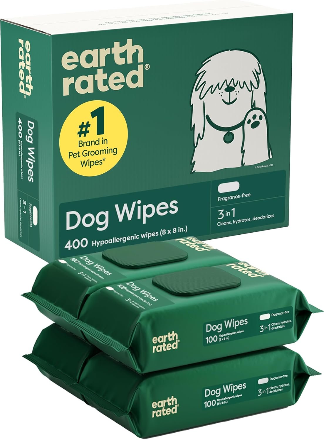Earth Rated Dog Wipes for Paws & Butt, Deodorizing, Unscented, 400ct