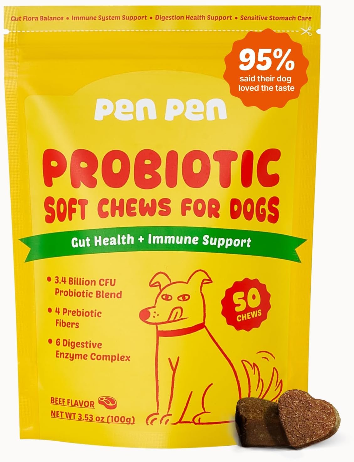 PENPEN Probiotics for Dogs, Dogs Probiotics for Digestive Health, Multi-Probiotic and Enzyme Blend Promote Gut Health & Immune Support, Eases Sensitive Stomachs (Beef Chews, 50ct)