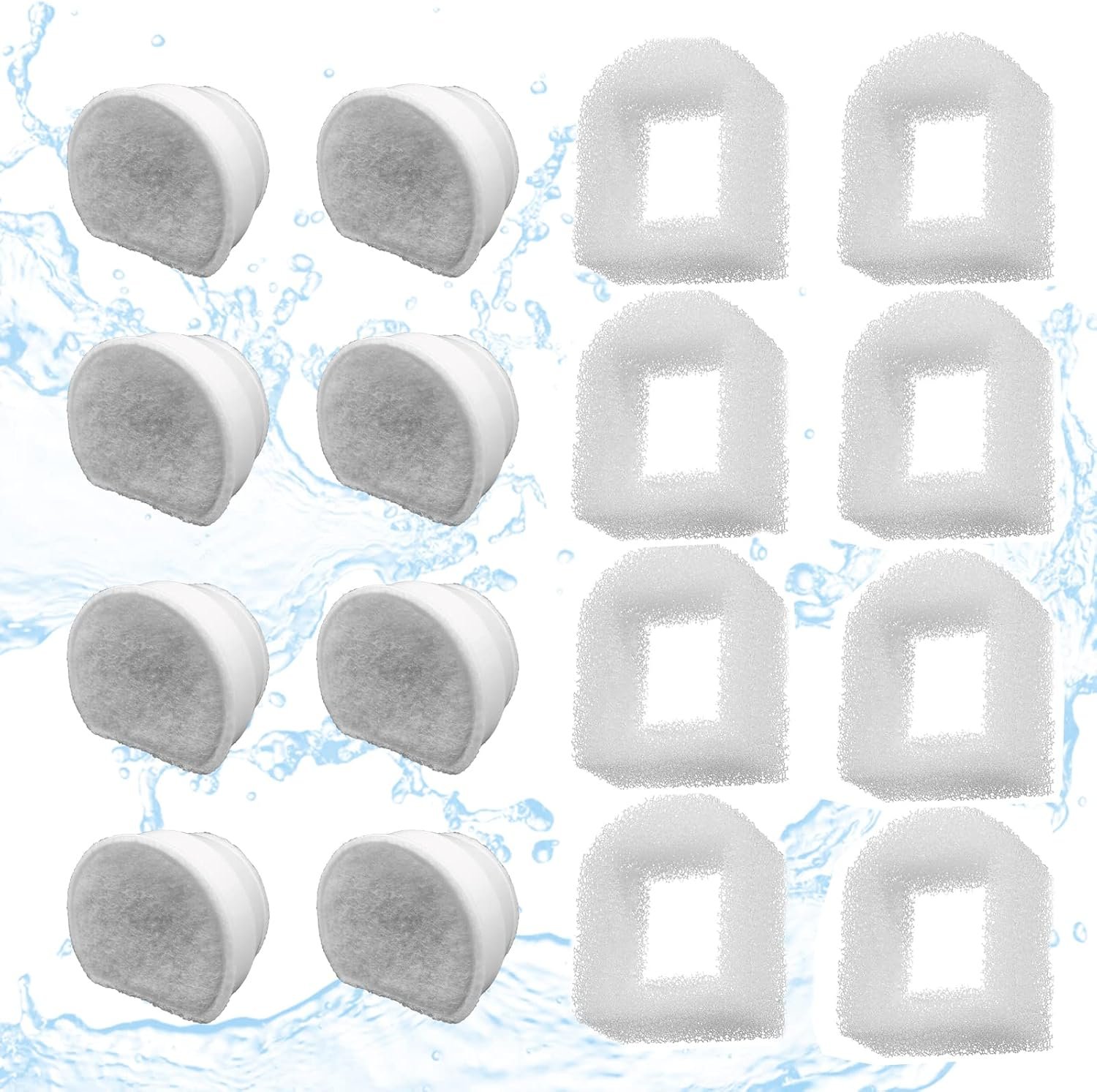 16 Pack Pet Fountain Replacement Filters, 8 Carbon and 8 Foam Pre-Filters