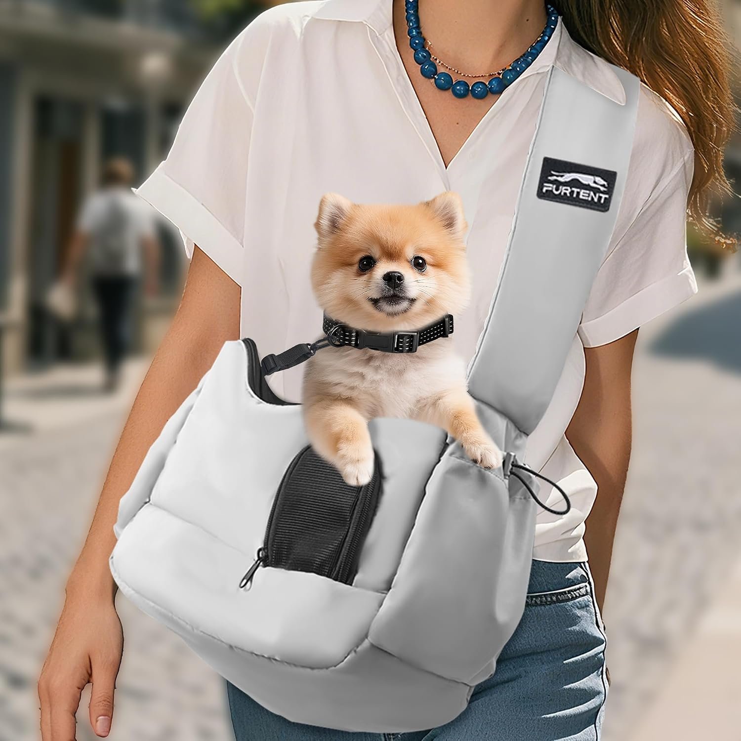 Dog Carrier Sling for Small Dogs & Cats Hand-Free Puppy Sling Purses with Storage Bag and Adjustable Shoulder Strap, Pet Sling Carrier Up to 8.8 Lbs (Grey)