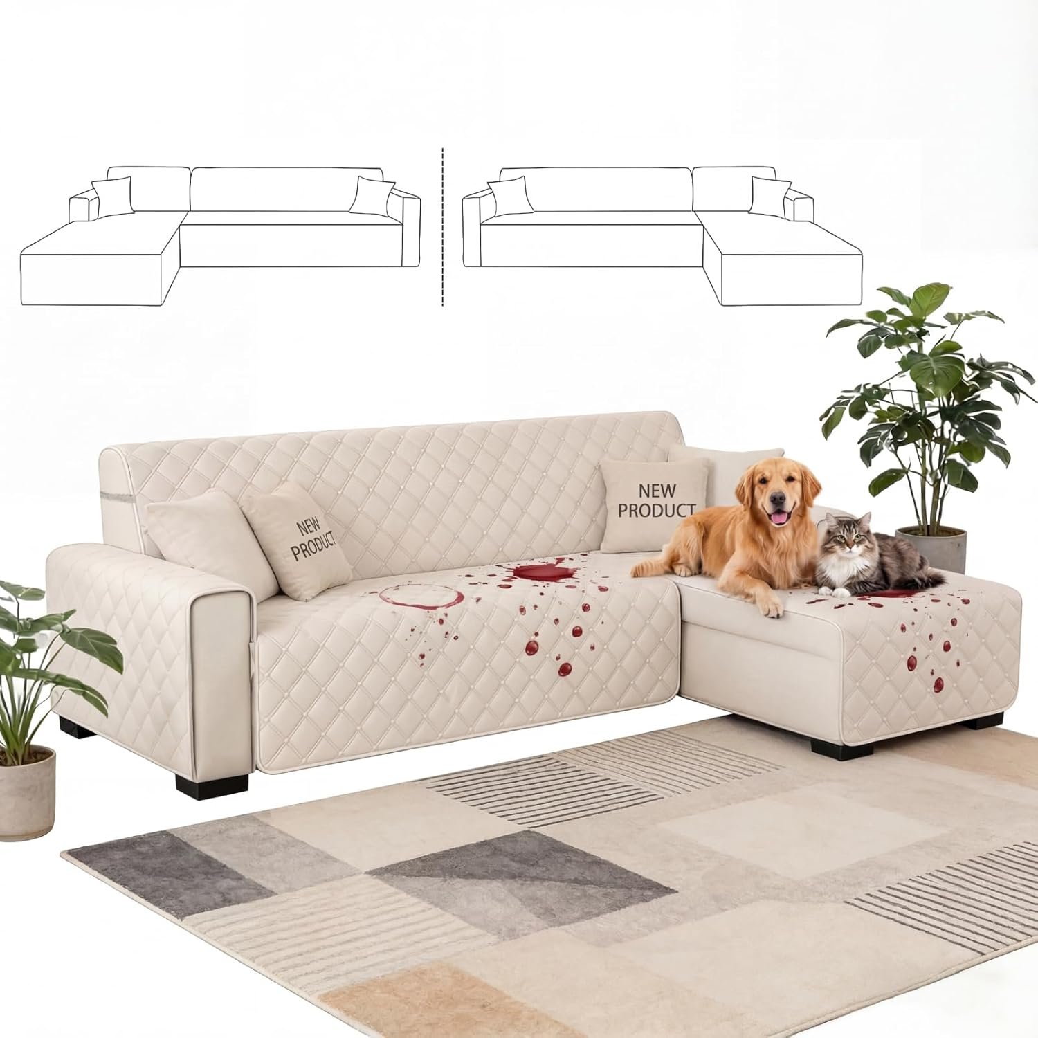 XINEAGE 100% Waterproof Couch Covers L-Shaped Reversible Sofa Cover for Dog