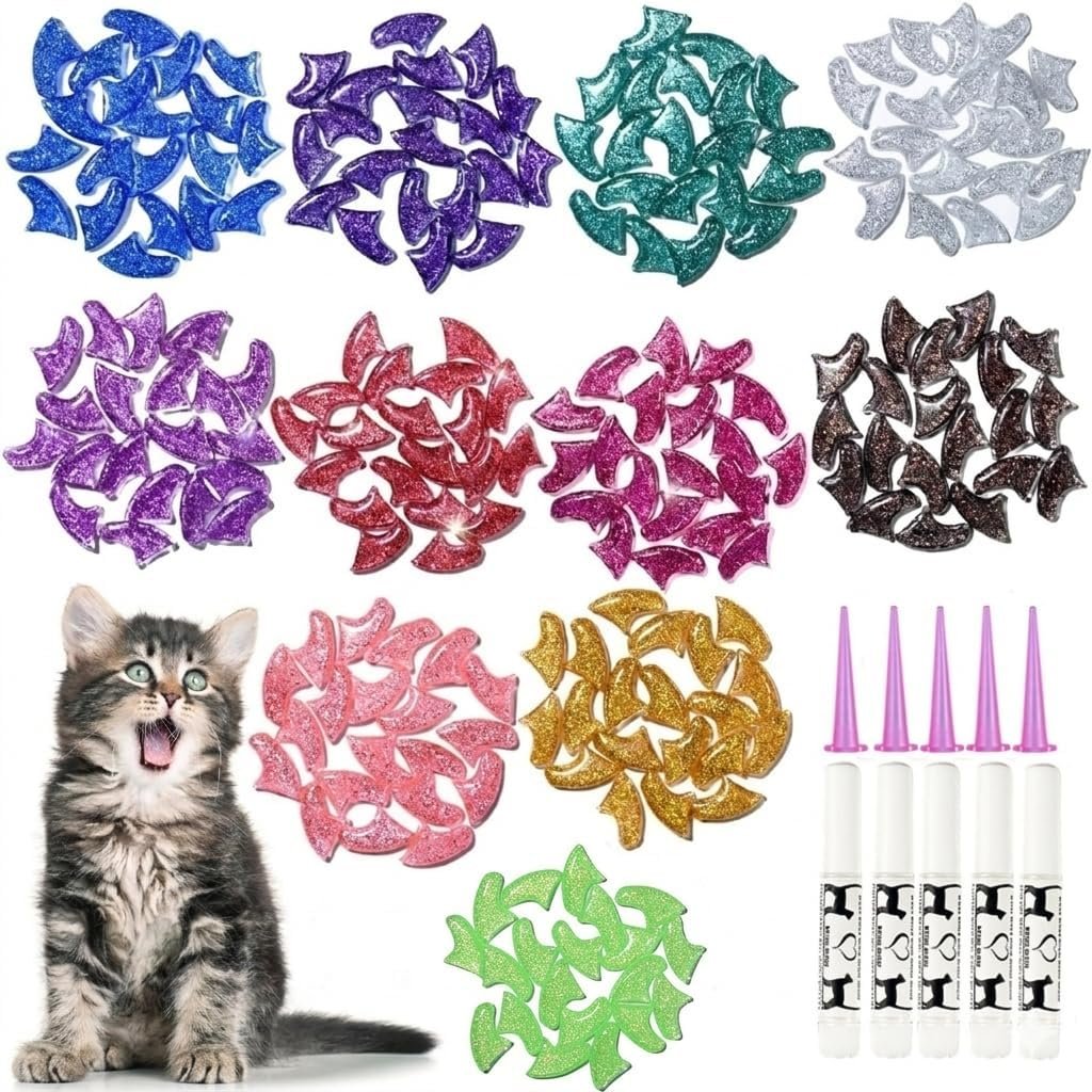 100 pcs Cat Nail Caps | Cat Claw Covers with Adhesives and Applicators | 5X Different Glitter Colors (M)