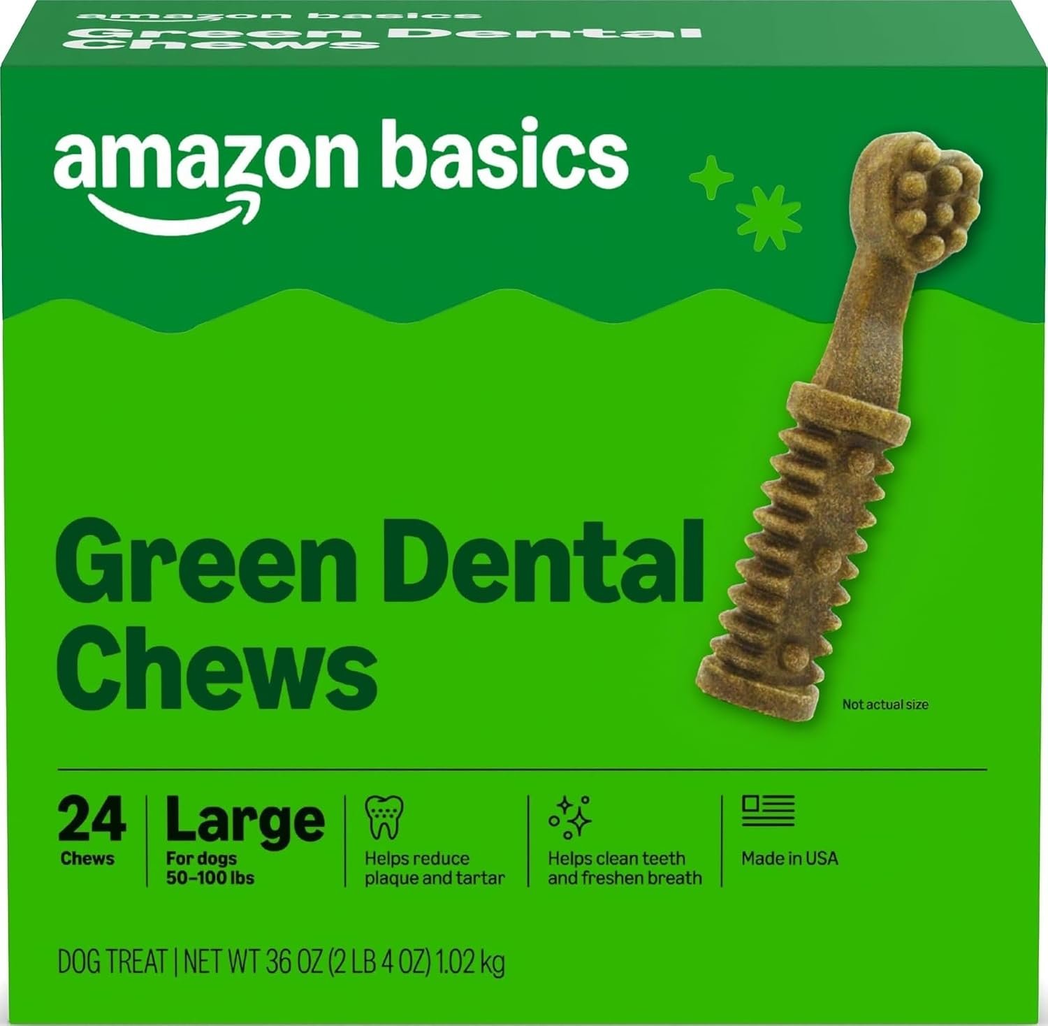 Amazon Basics Dental Dog Treats to Help Clean Teeth & Freshen Breath for Large Dogs, Unflavored, Per Pack: 24 Count, 2.25 pounds (Previously Wag)