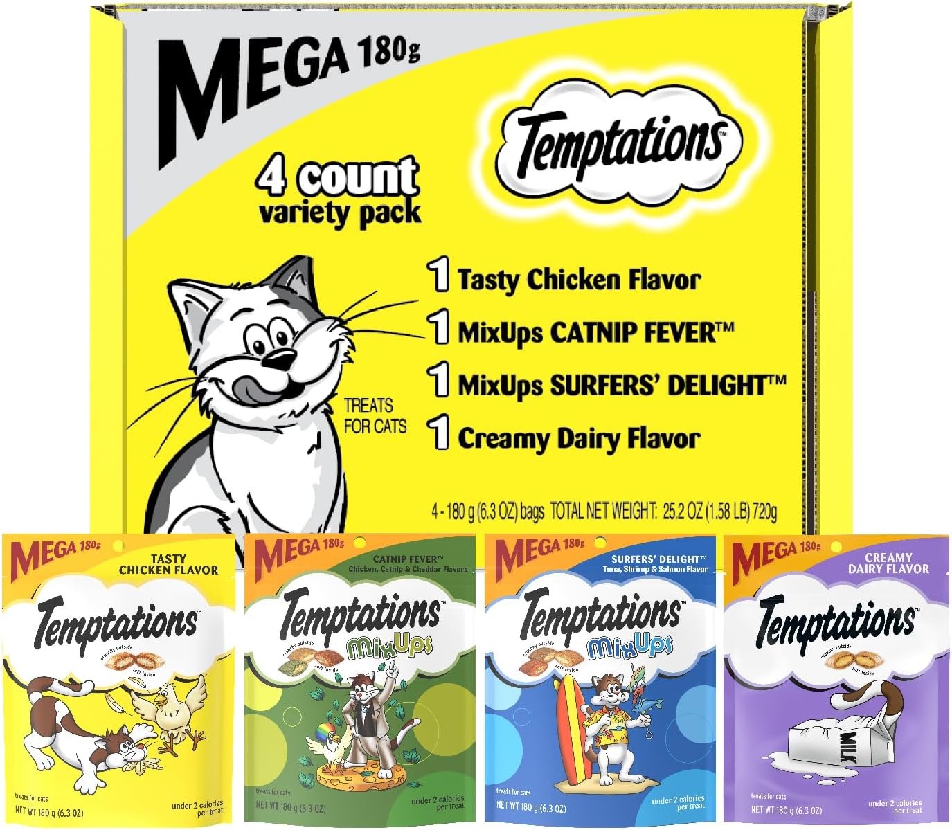 Temptations Classic Mix-ups Crunchy Cat Treats, Variety, 6.3 oz, 4 Pack