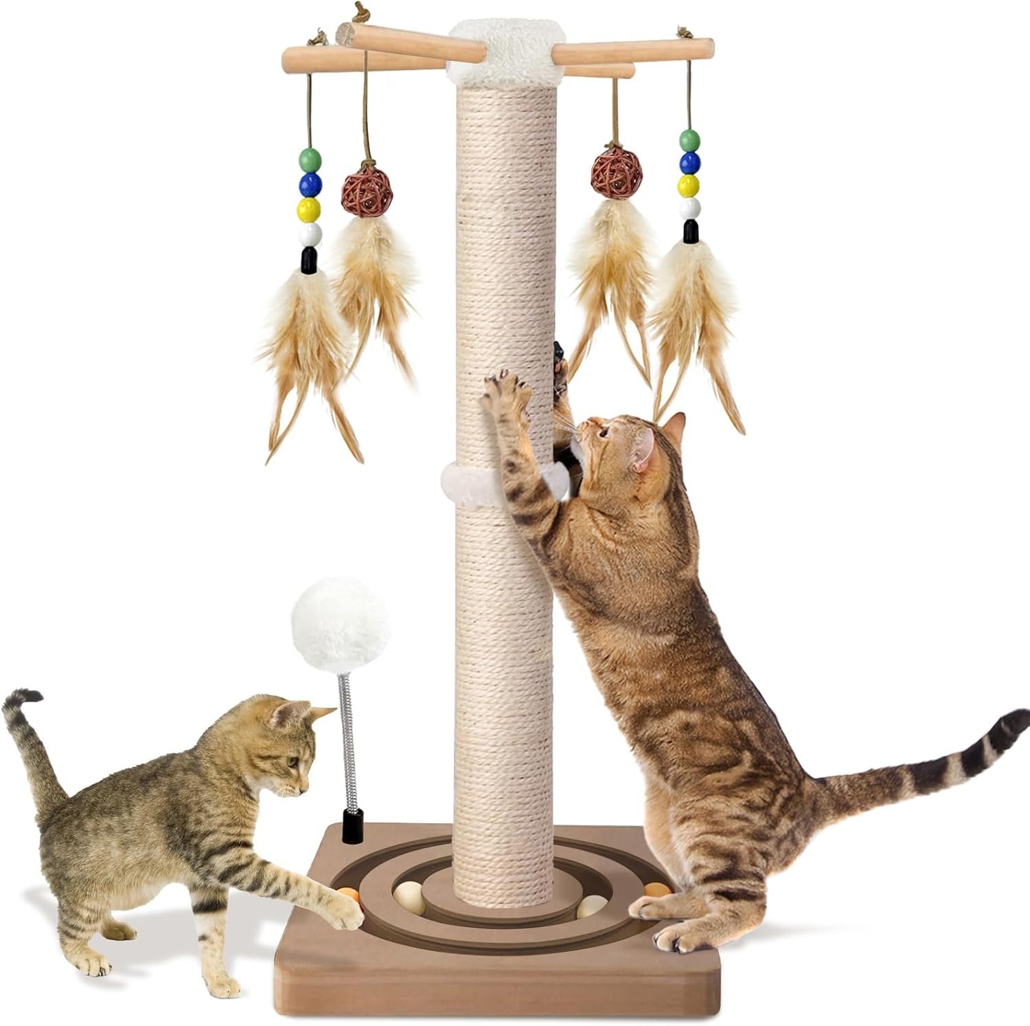 Cat Scratching Post, Sisal Scratcher with Enrichment Toys for Indoor Cats | 25 In Cat Tree Tower for Kittens, with 7 Interactive toys, 2 Mount Methods, Thickened Wood Base, Double Ball Track