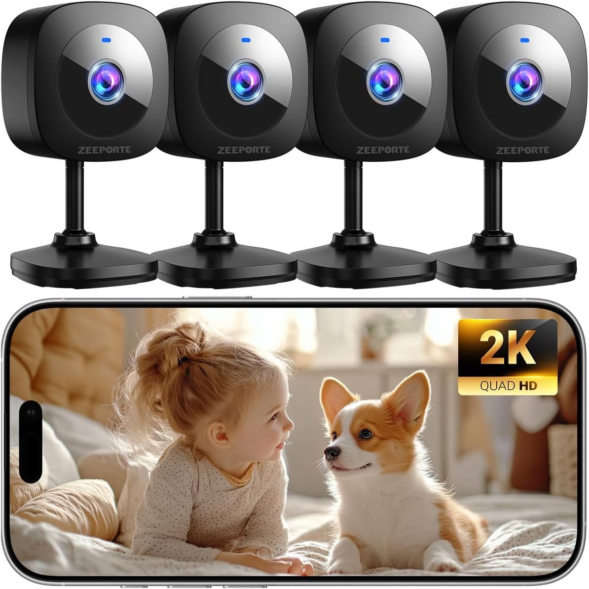 ZEEPORTE 2K Indoor Cameras for Home Security – Baby Monitor and Dog Pet Camera with Motion Detection, 2-Way Audio, Night Vision, Siren, Wired Security Camera (4-Pack)