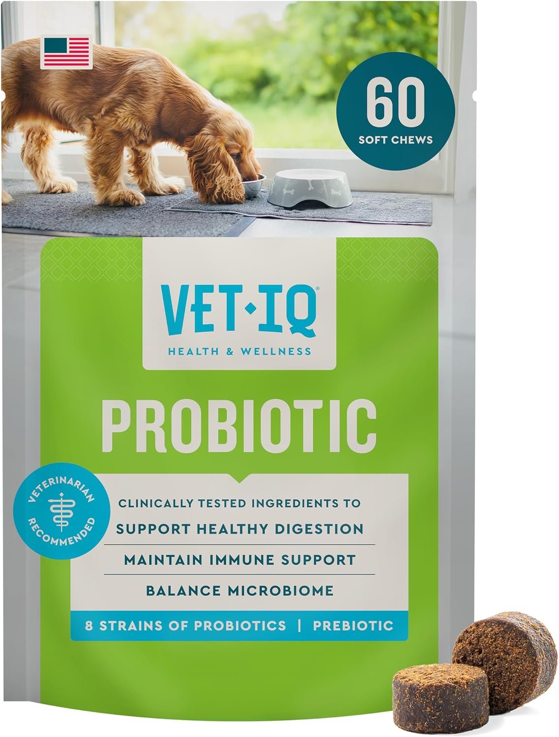 VetIQ Probiotic Supplement for Dogs, Dog Probiotics for Digestive Health, Nourishes Gut Bacteria and Supports Bowel Function, Hickory Smoke Flavor, Made in the USA, 60 Count