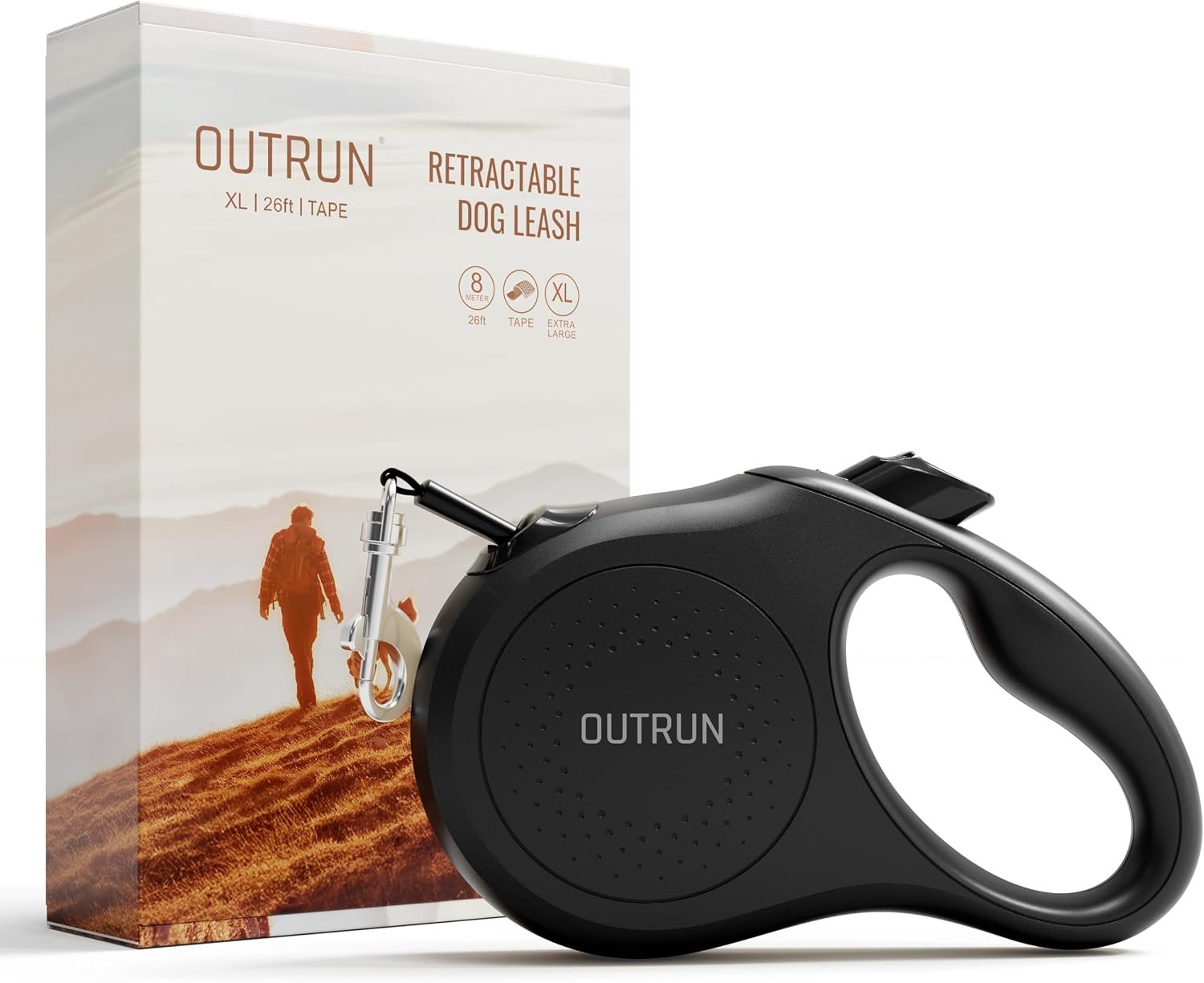 OUTRUN Retractable Dog Leash 26 FT Tape up, to 110 lb, No Tangle, Black