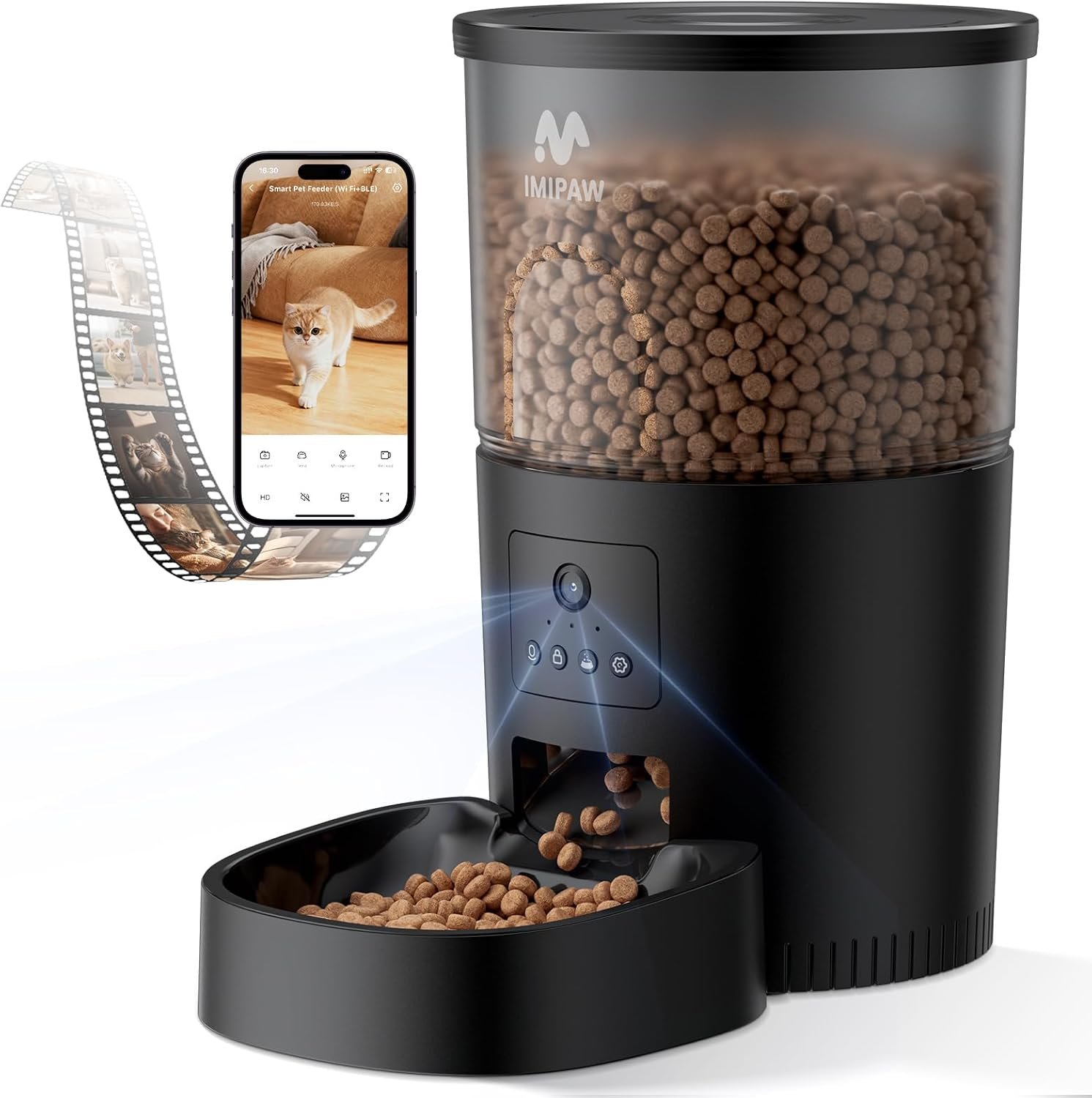IMIPAW Automatic Cat Feeder with Camera – AI Pet Recognition & Recording, Night Vision, 5G WiFi APP Remote Control, Two-Way Audio & Desiccant Bag, Timed Programmable Food Dispenser for Small Pets