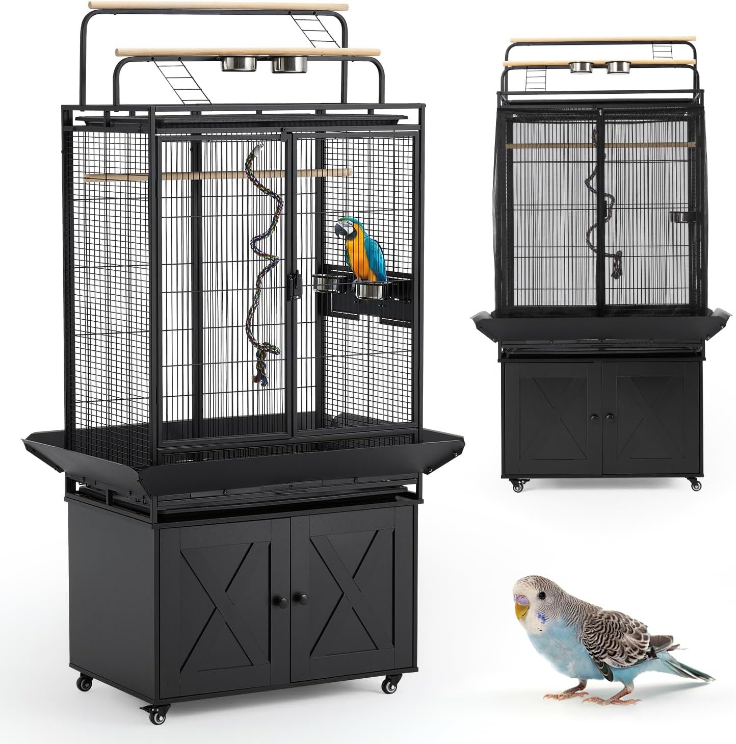 70″ Large Bird Cage with Play Top, Metal Parrot Cage with Storage Cabinet