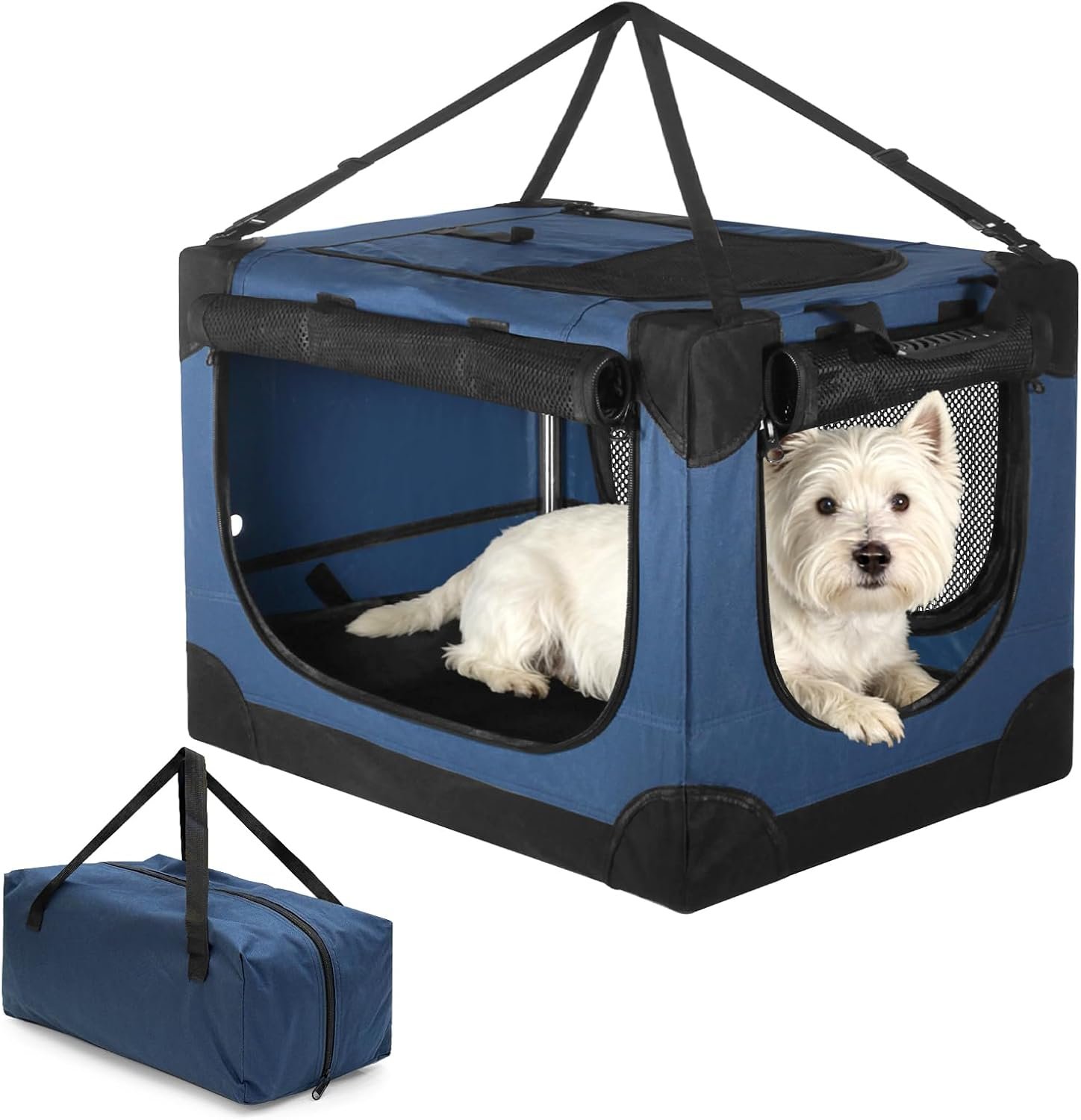 24 inch Small Dog Crate – for Small Dogs, Portable Travel Pet Crate with 4 Mesh Doors, Foldable Car Kennel for Puppy with Handle for Indoor and Outdoor, Bule