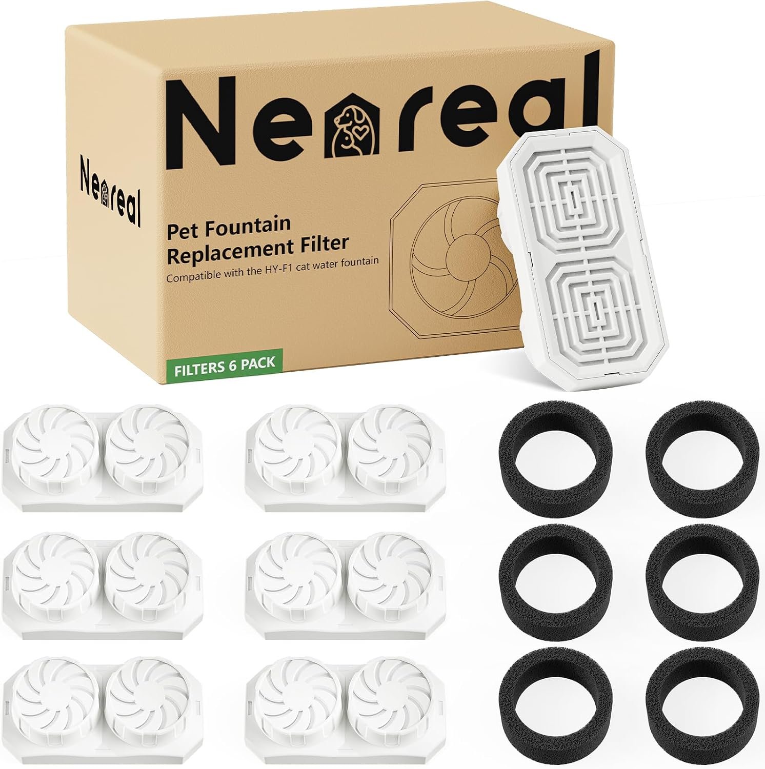 Neareal Official 6-Pack Replacement Filter Set for 108oz Cat Fountain