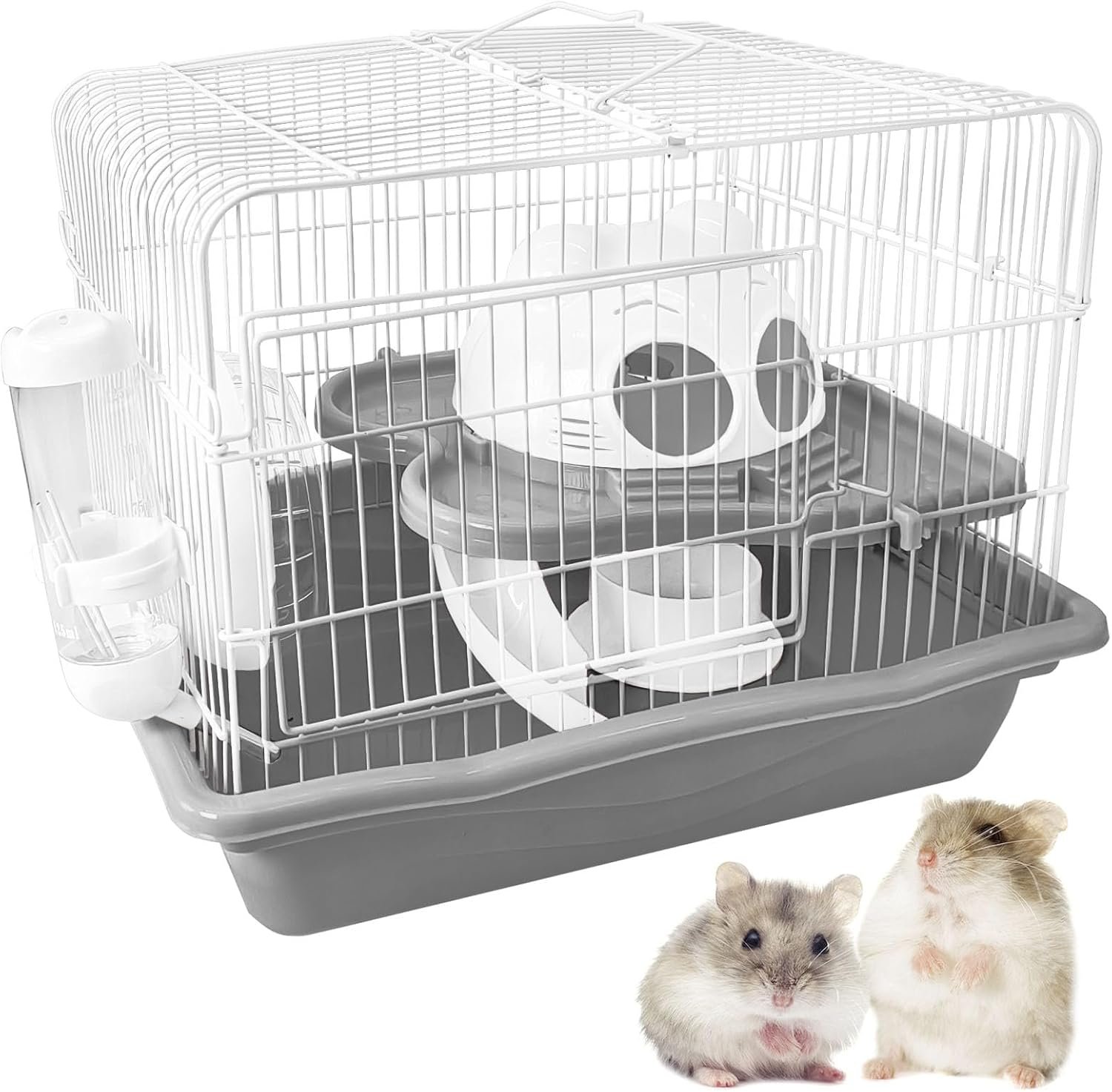 PINVNBY Dwarf Hamster Cage, Small Animal Cages, 2-Tier Travel Portable Mouse Cage Hamster Carrier with Castle House Running Exercise Wheels, Water Bottle and Food Dish（Gray）