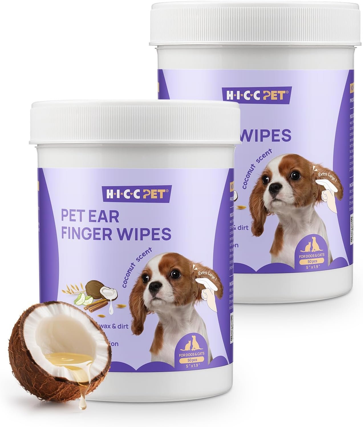 HICC PET Ear Cleaner Finger Wipes for Dogs & Cats, Coconut Scent, 100 Count | Removes Ear Dander, Dirt & Debris for Fresher Ears, Gentle Extra-Large Finger Wipes for Daily Ear Cleaning