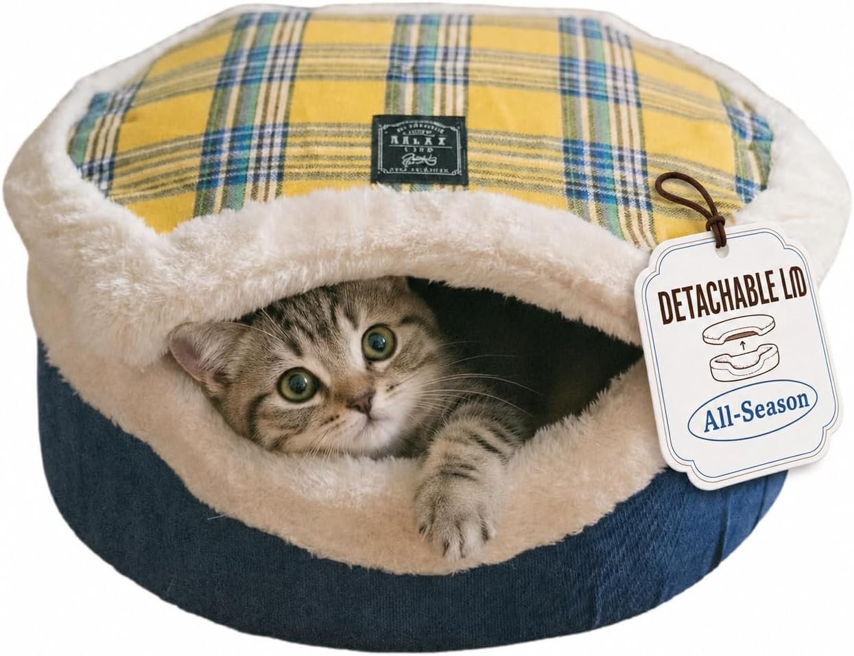 Cat Bed Cave – Enclosed Hideaway with Detachable Lid for Kitten (Yellow)