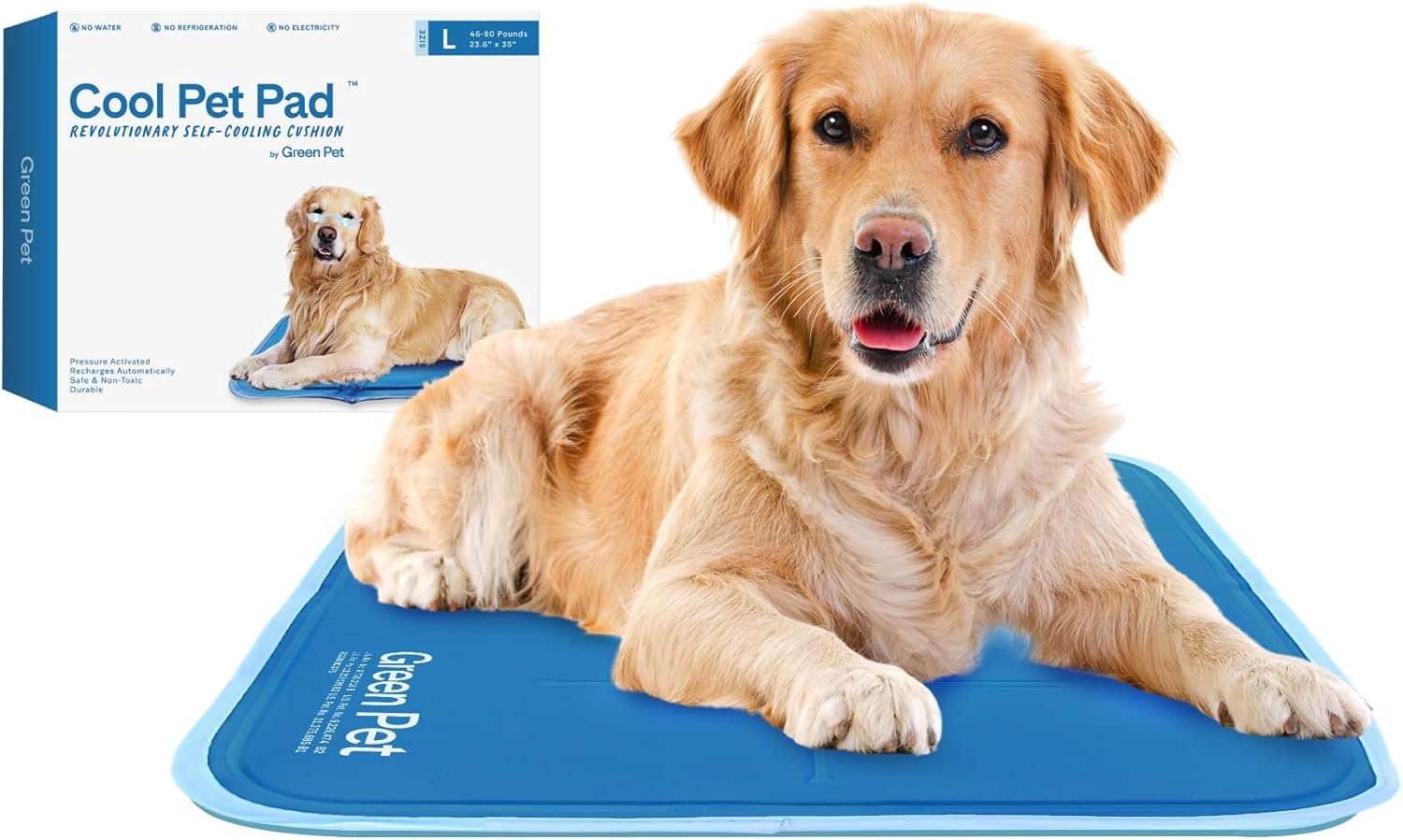 The Green Pet Shop Cool Pet Pad – Large, Blue – Self-Cooling, Pressure Activated Mat for Dogs & Cats from 46-80 lbs – Non-Toxic Gel, No Water Needed