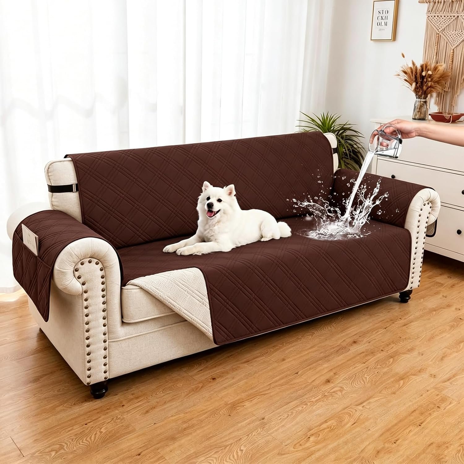100% Waterproof Couch Cover for Dogs, Washable Anti-Slip Sofa Cover with Elastic Straps & Side Pockets, Quilted Furniture Protector for Kids & Pets (3 Cushion 68″, Coffee)